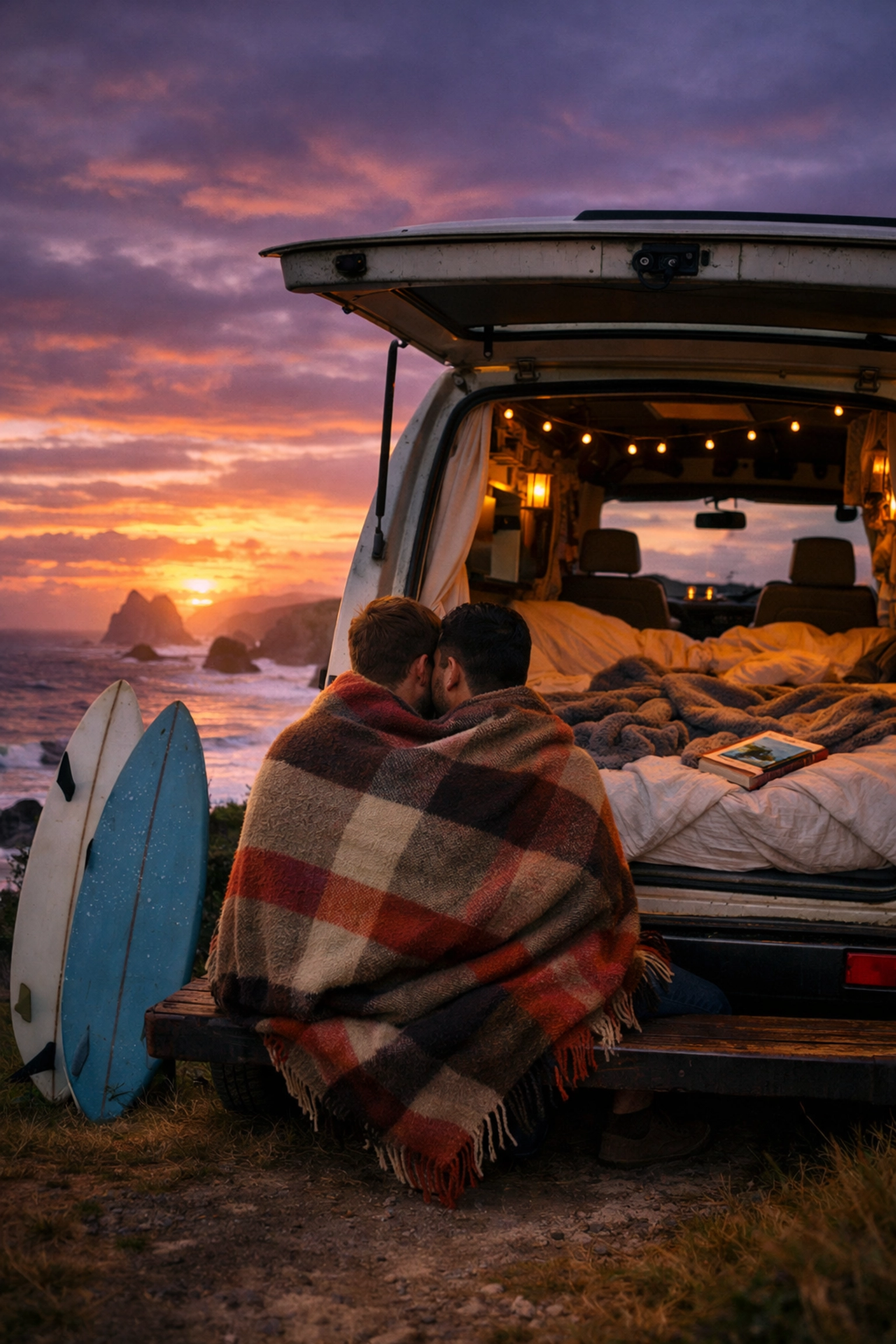 A gay couple in a coastal campervan at sunset, reflecting the one-bed trope popular in MM adventure romance.