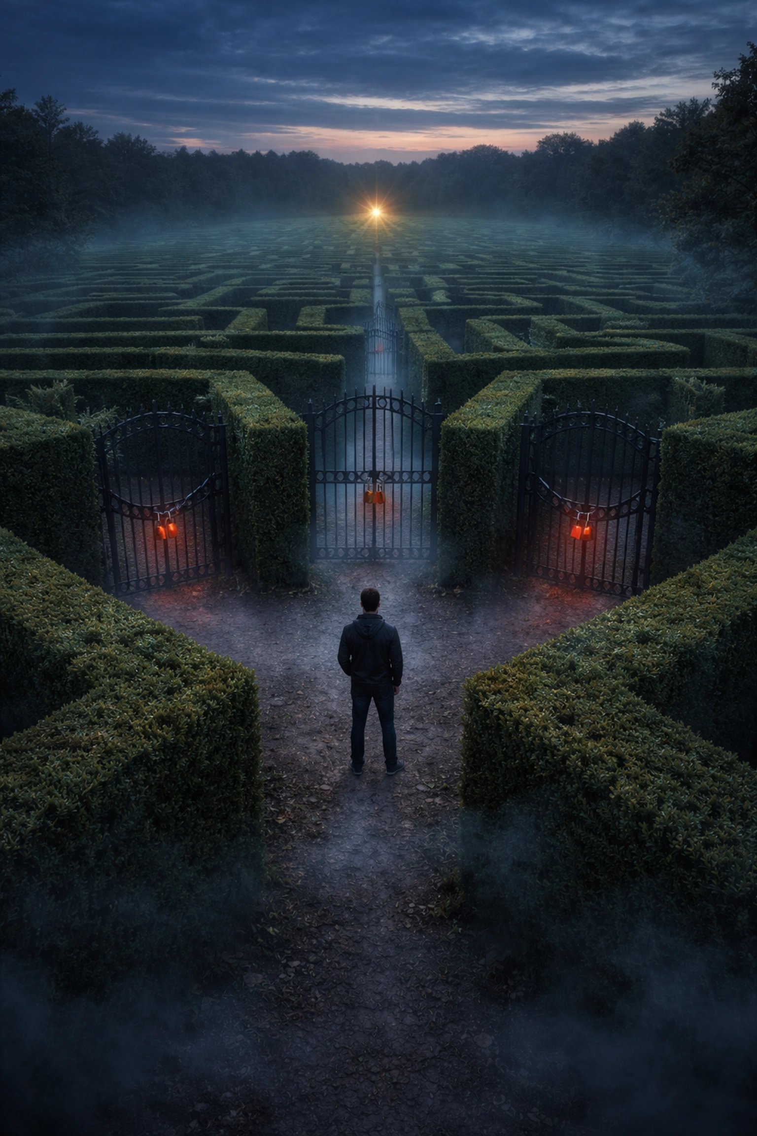 Investor faces locked gates in a hedge maze at dusk, symbolizing hedge fund liquidity constraints and limited access