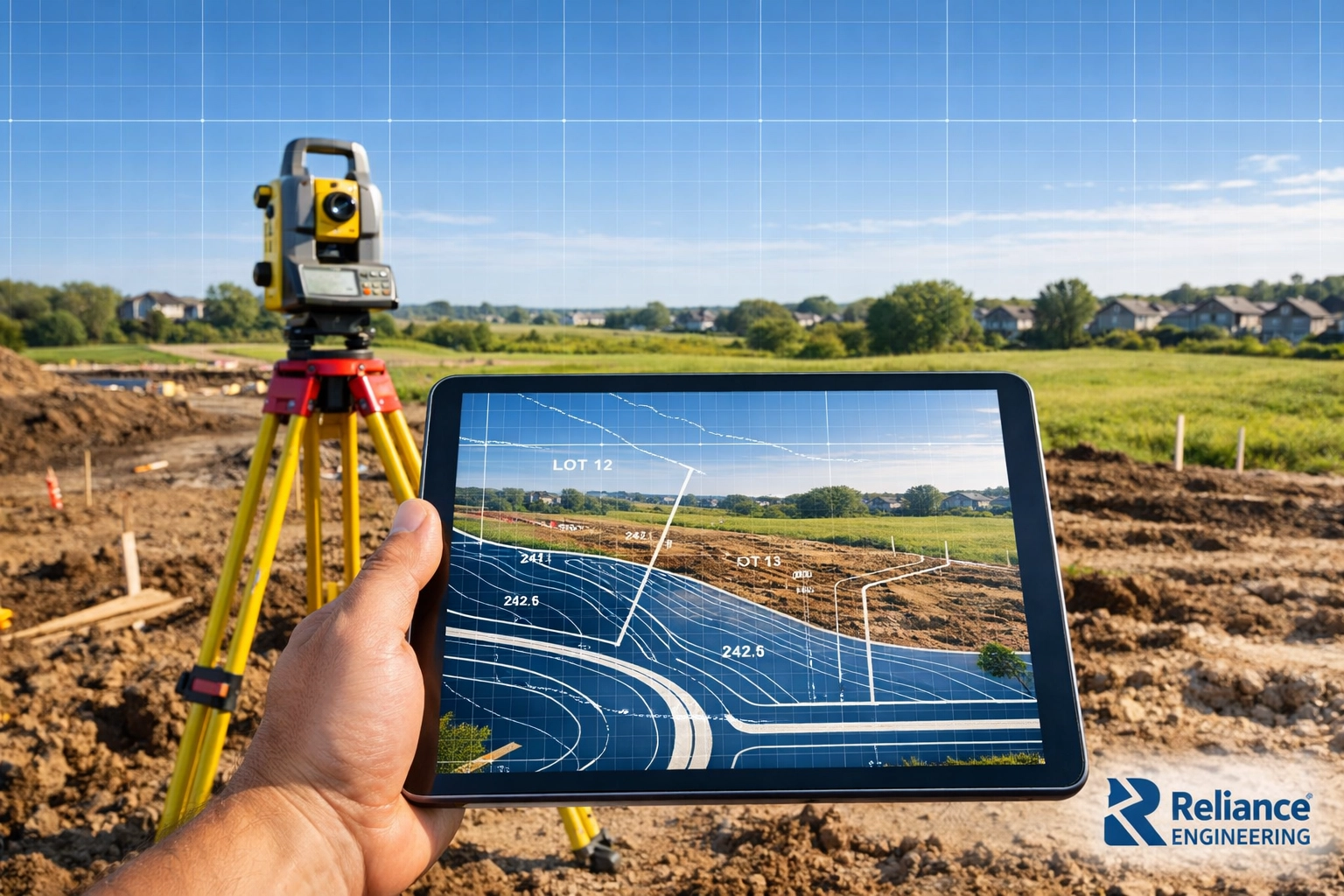 Professional engineering surveyor verifying property boundaries for an Ontario site servicing plan using CAD overlays.