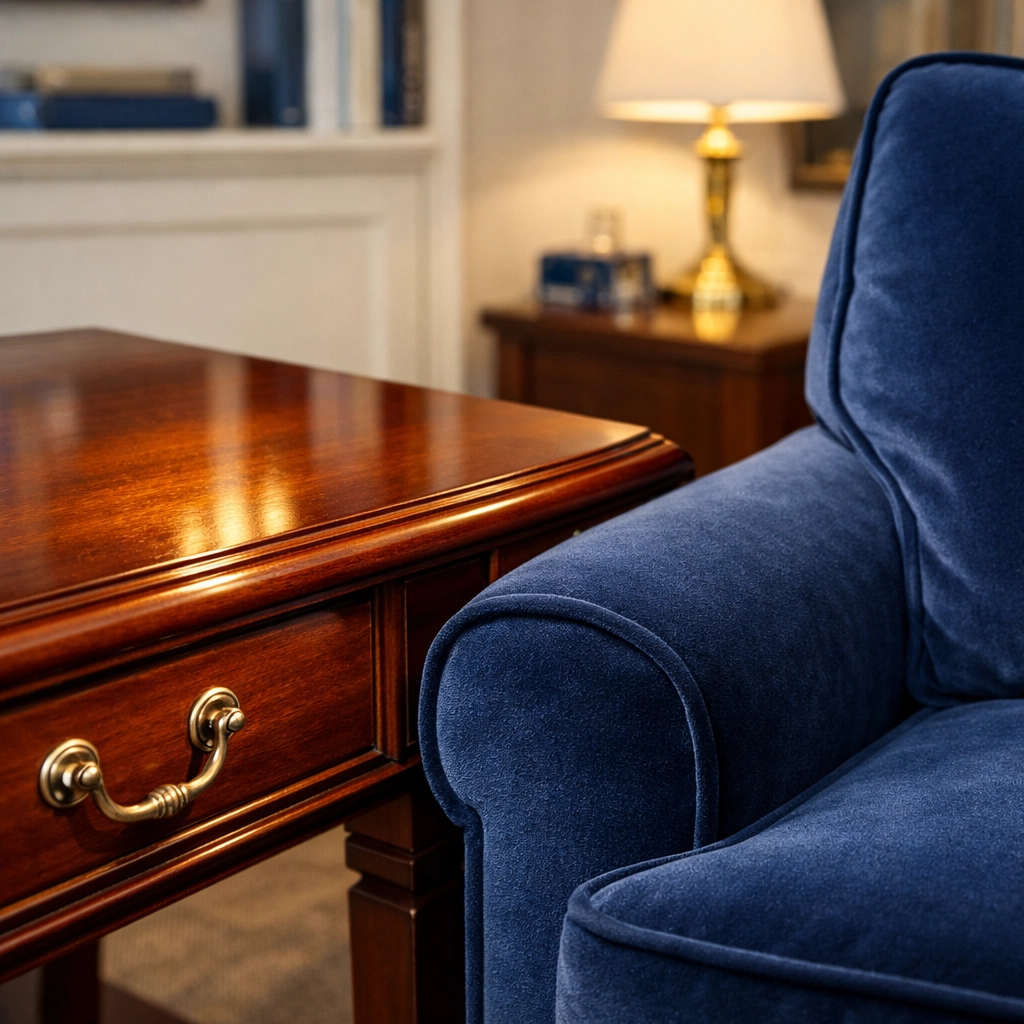 Polished wood furniture and clean upholstery in a West Cambridge home after expert house cleaning.