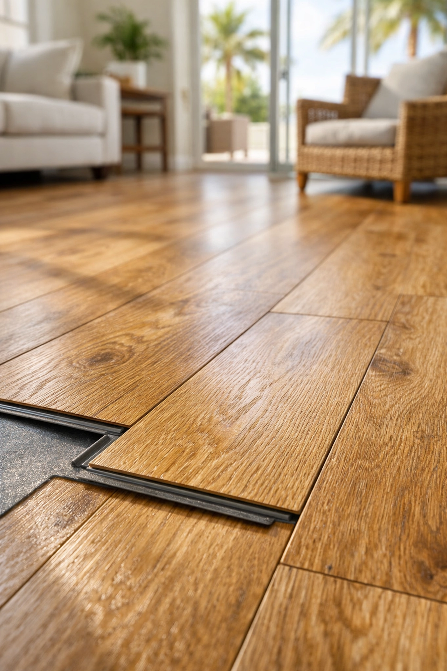 Luxury vinyl plank flooring installation in Orlando home showing wood-grain texture
