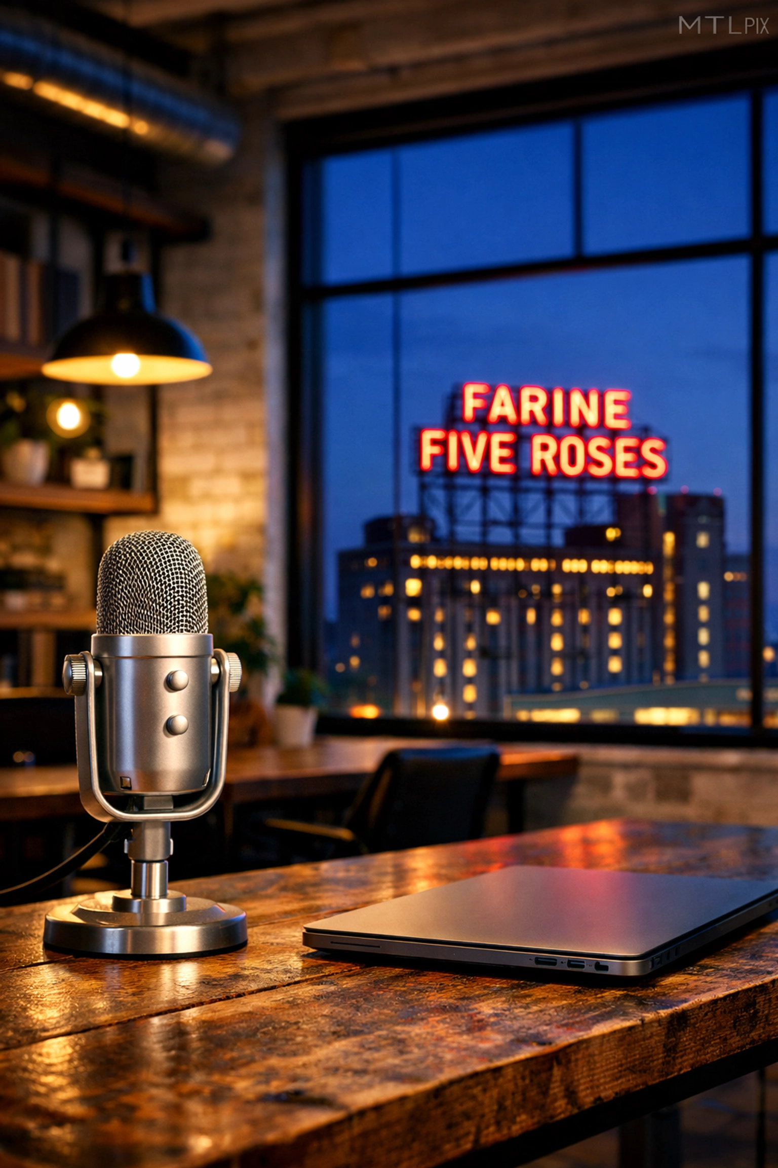Podcast microphone in a Mile End workspace with the Farine Five Roses sign, highlighting Montreal entrepreneurship.