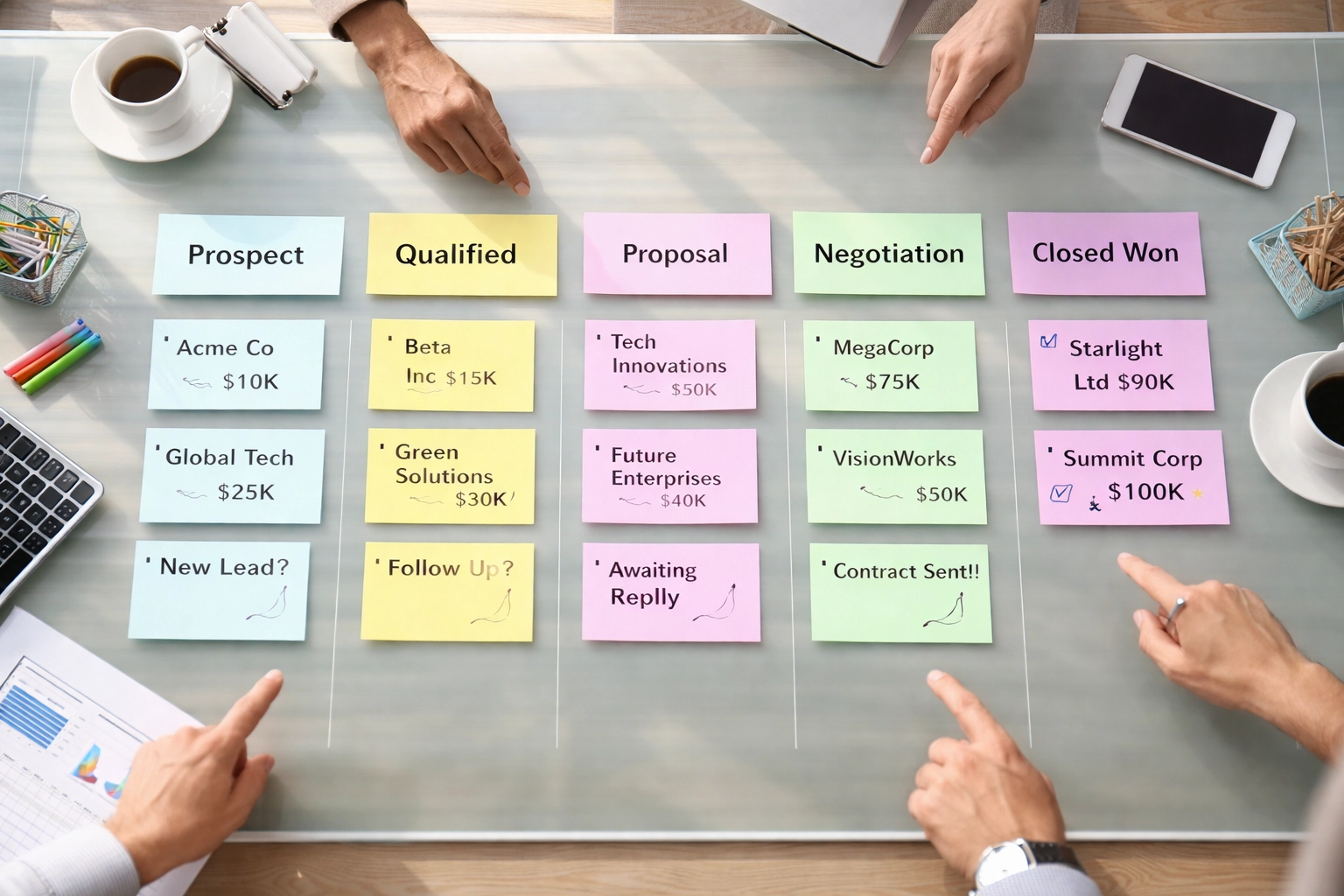 Sales pipeline visualization with sticky notes on a glass table, highlighting Zoho CRM deal stage customization.