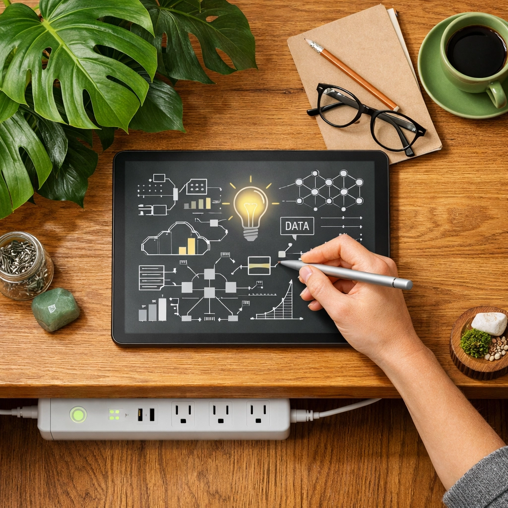 Digital tablet and stylus for note-taking surrounded by indoor plants on a modern study desk.