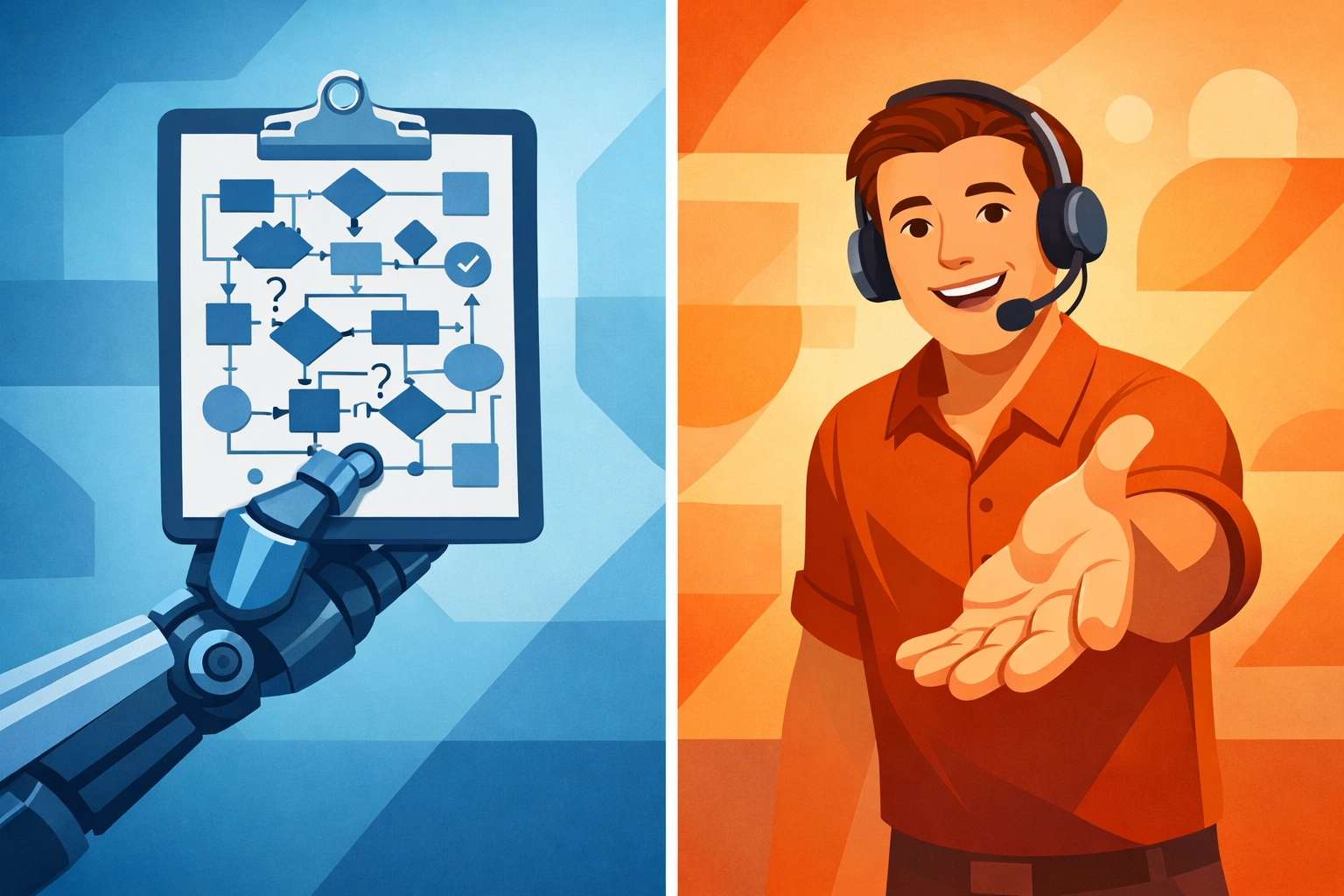 Contrast between complex AI automation and a friendly expert providing human-led outsourced IT support.