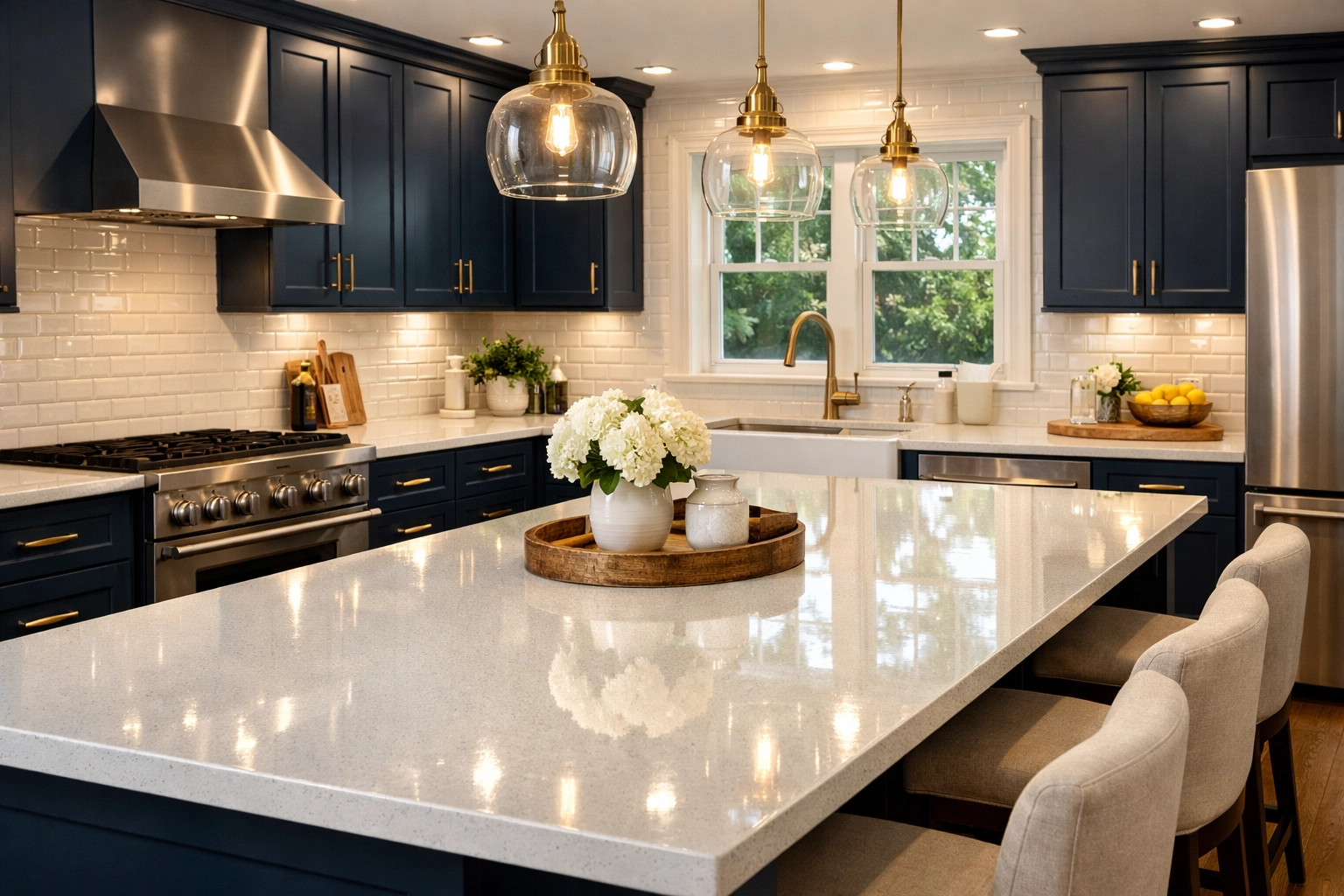 Pristine renovated kitchen in Massachusetts after expert post-construction cleaning and polishing.