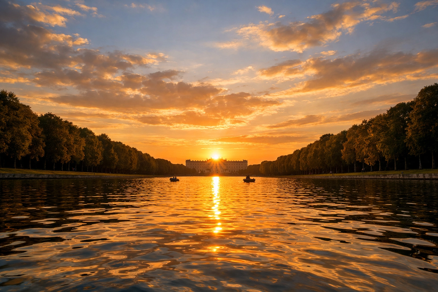 Golden hour sunset over the Grand Canal at the Palace of Versailles with water reflections.