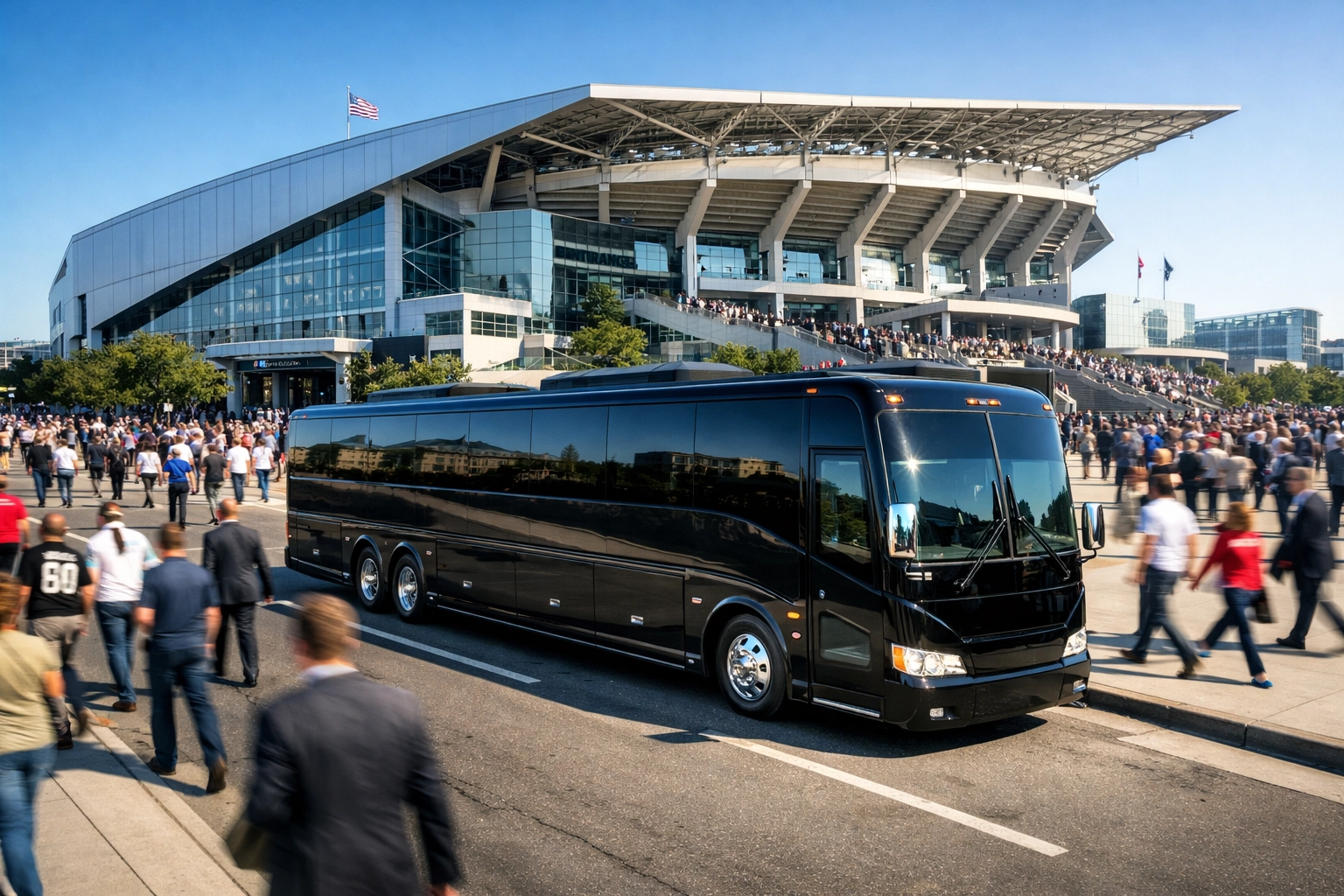 Branded luxury motorcoach parked near a Super Bowl stadium to maximize brand visibility.