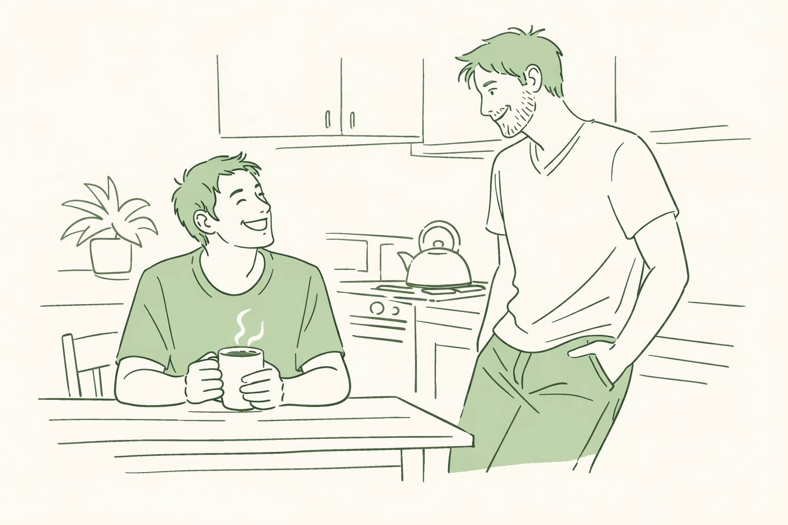 Two men in a kitchen sharing a deep conversation, illustrating a supportive queerplatonic relationship.