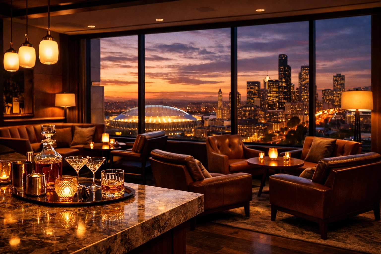 Exclusive luxury corporate lounge with skyline views for Super Bowl executive hosting.