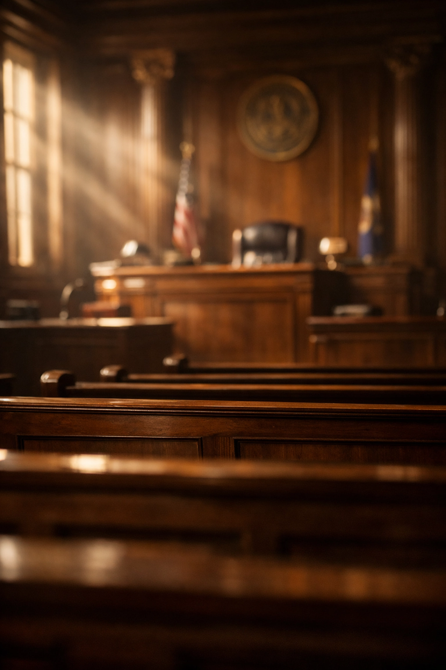 Courtroom interior showing empty benches representing ongoing pursuit of justice