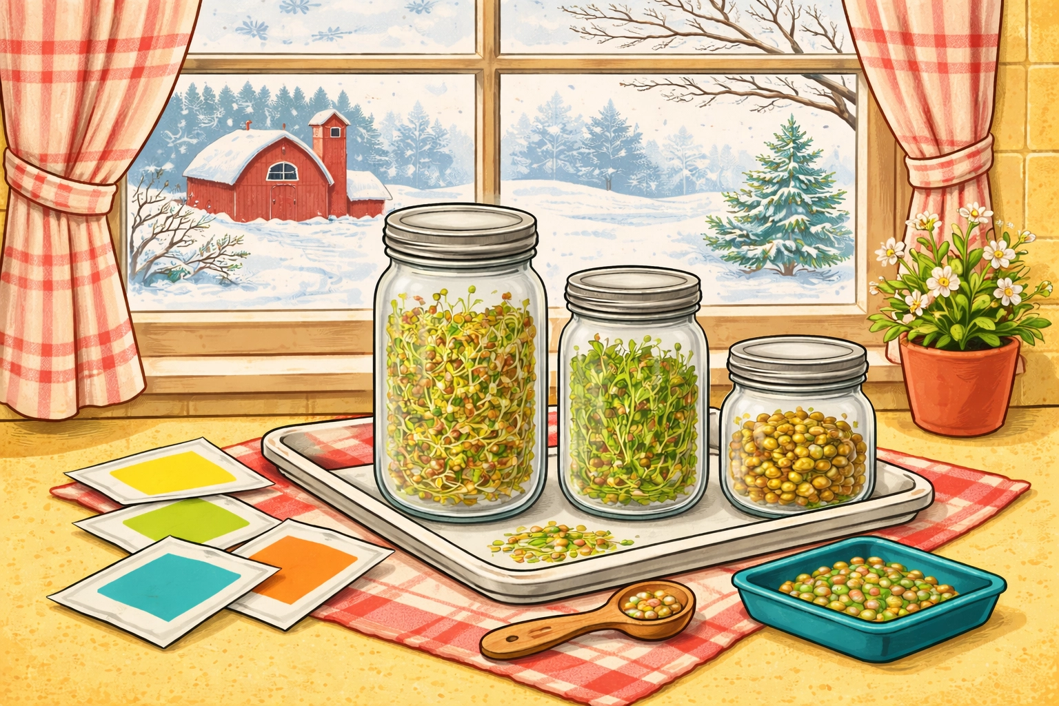A whimsical winter “farm lab” kitchen counter with jars of sprouts and a microgreens tray beside a snowy window.
