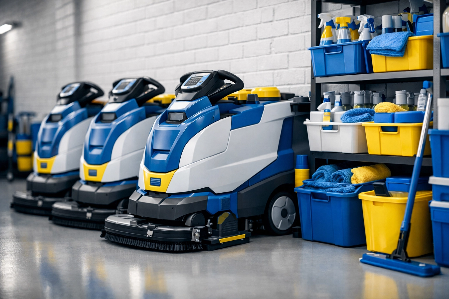 Advanced floor scrubbing machines prepared for high-traffic janitorial services Worcester MA facility maintenance.