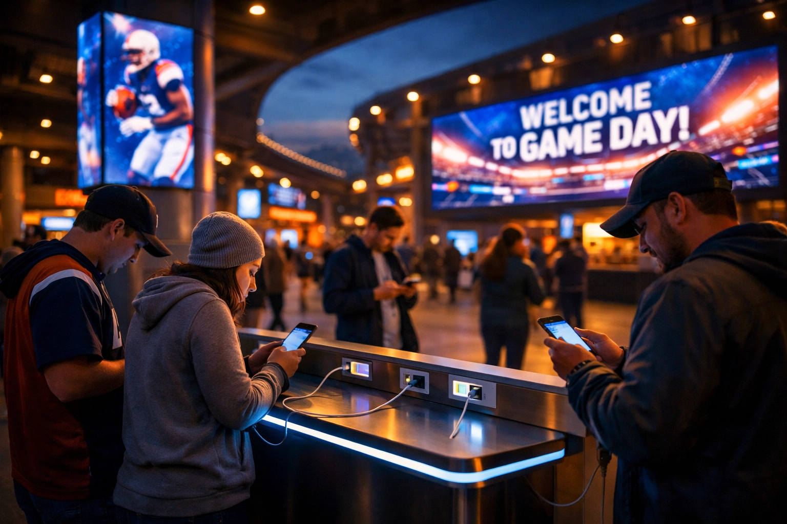 Stadium concourse with digital signage and fans using charging stations for brand partnership engagement