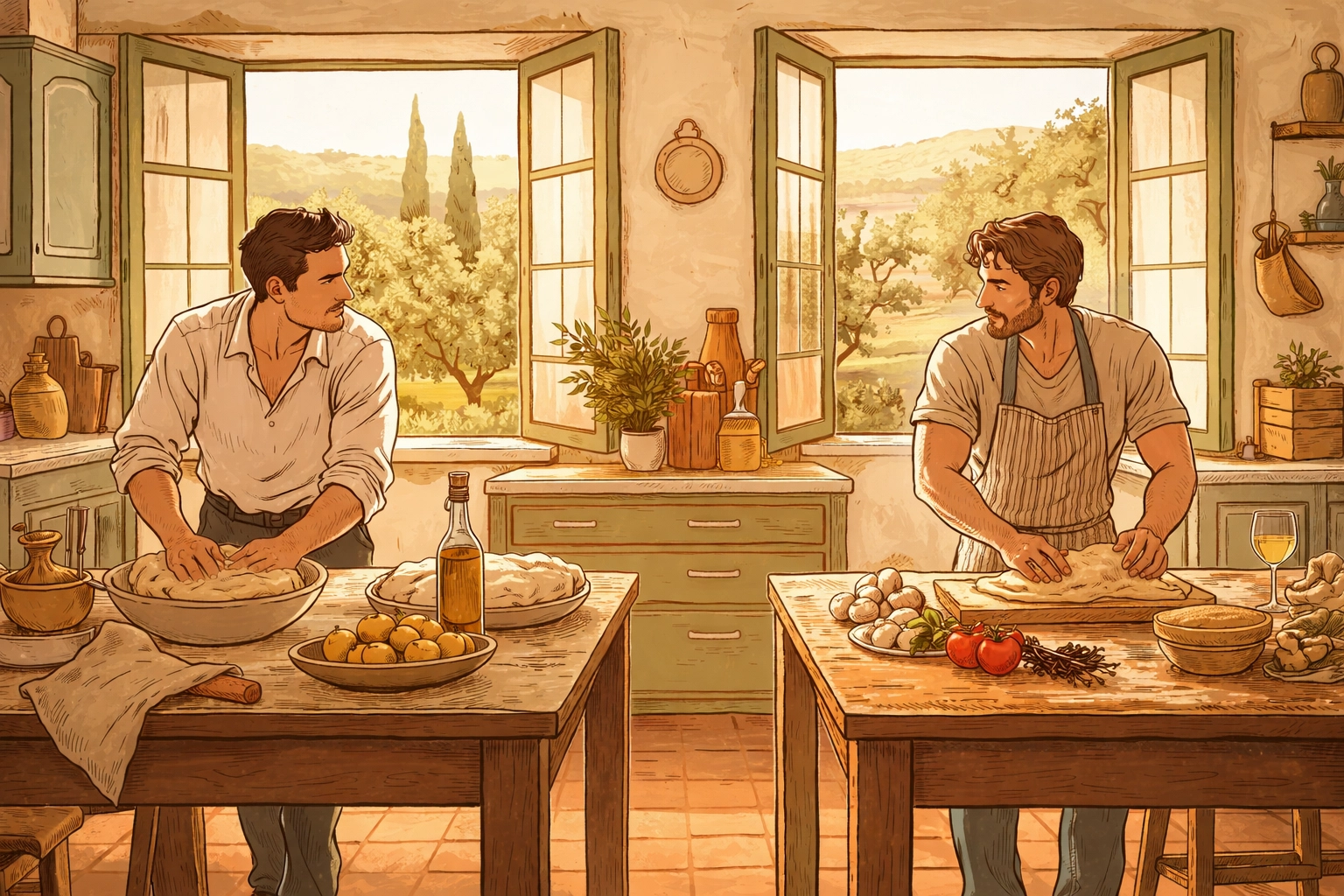Two men exchange meaningful glances across a rustic Tuscan kitchen, evoking MM romantic tension in an Italian villa setting.