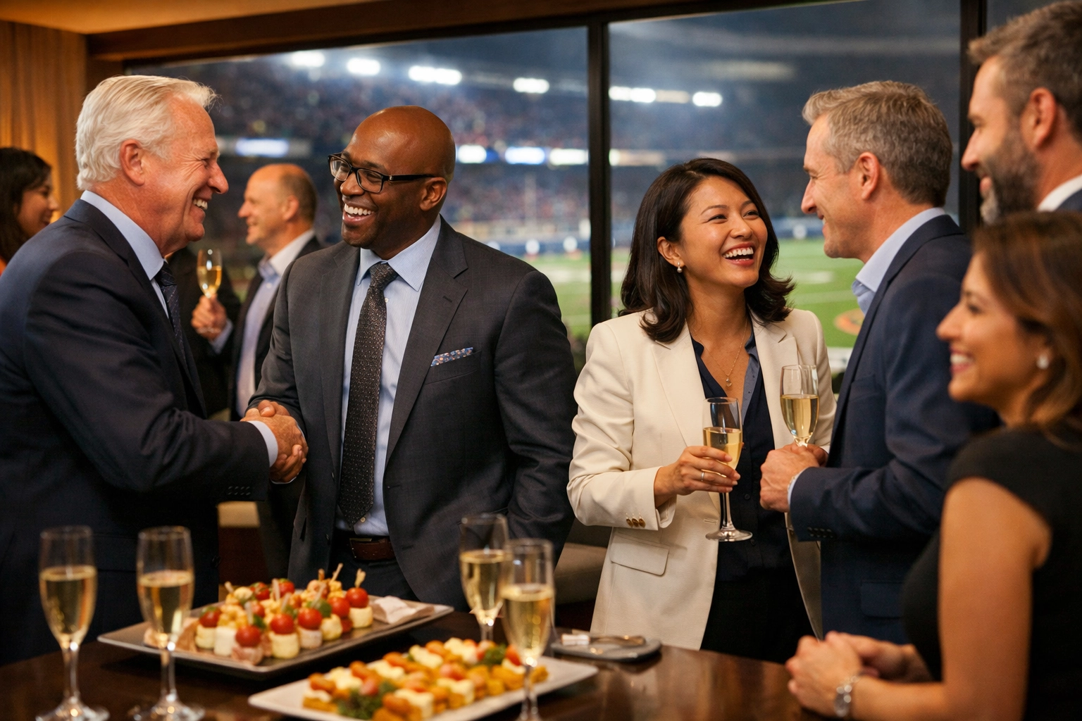 Business executives networking at Super Bowl corporate hospitality suite with champagne and appetizers