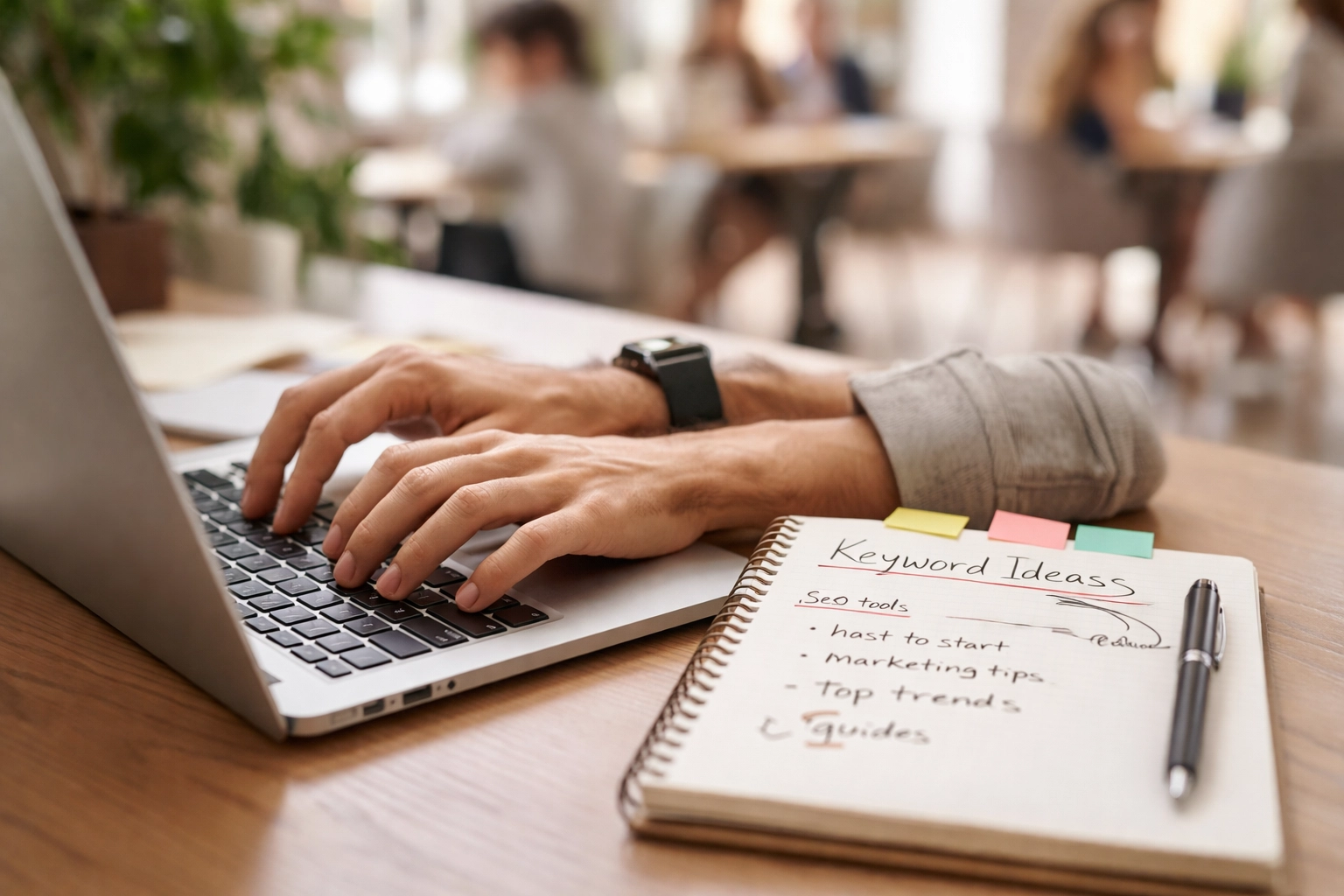 Hands typing on laptop with keyword ideas notebook, illustrating SEO research for startups