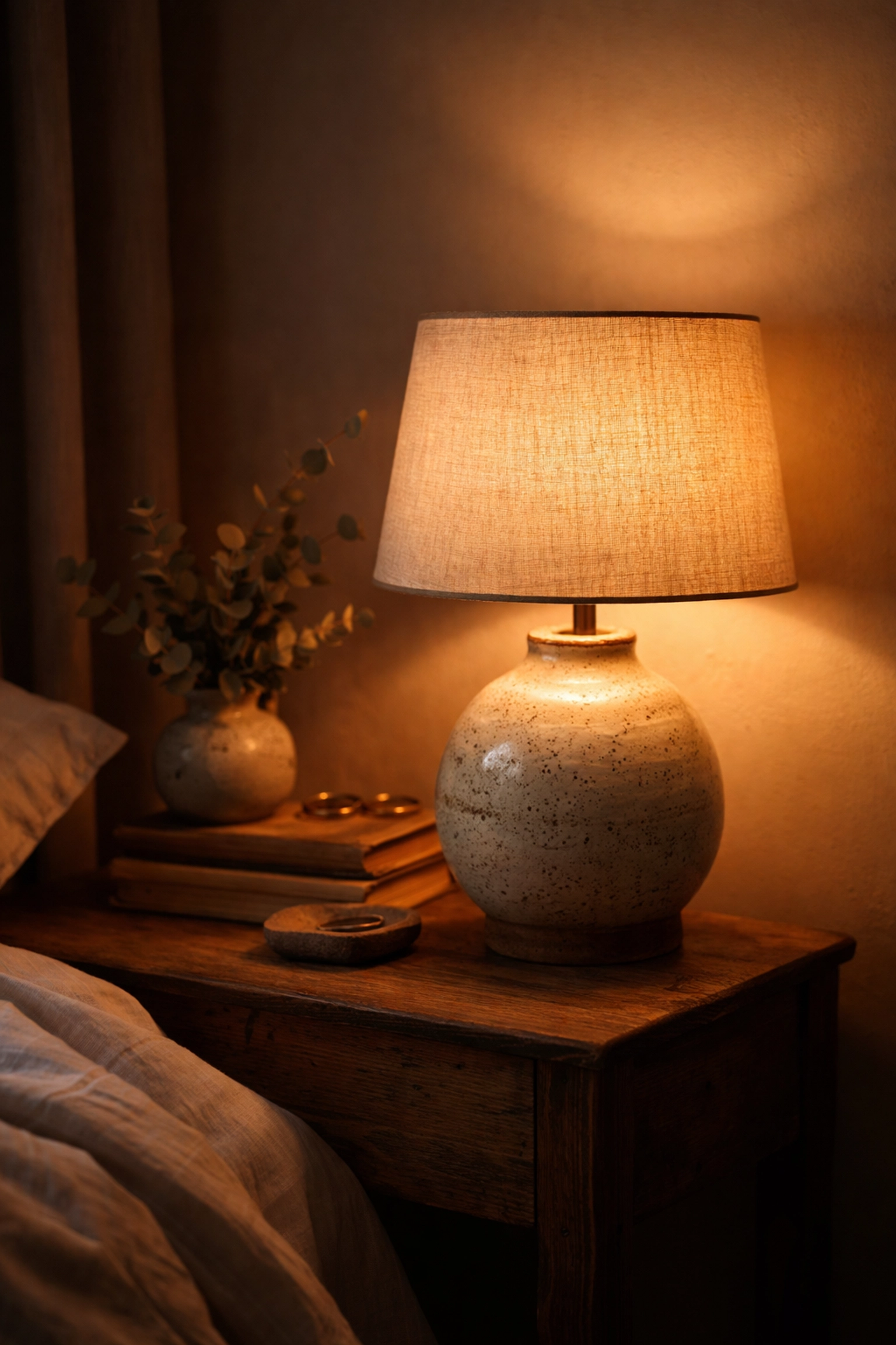 Handcrafted ceramic table lamp on a rustic nightstand emitting a warm, cozy glow in an artisan-inspired bedroom