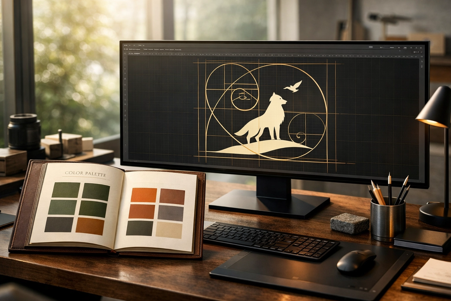Professional workspace featuring wildlife logo design and zoo corporate brand guidelines.