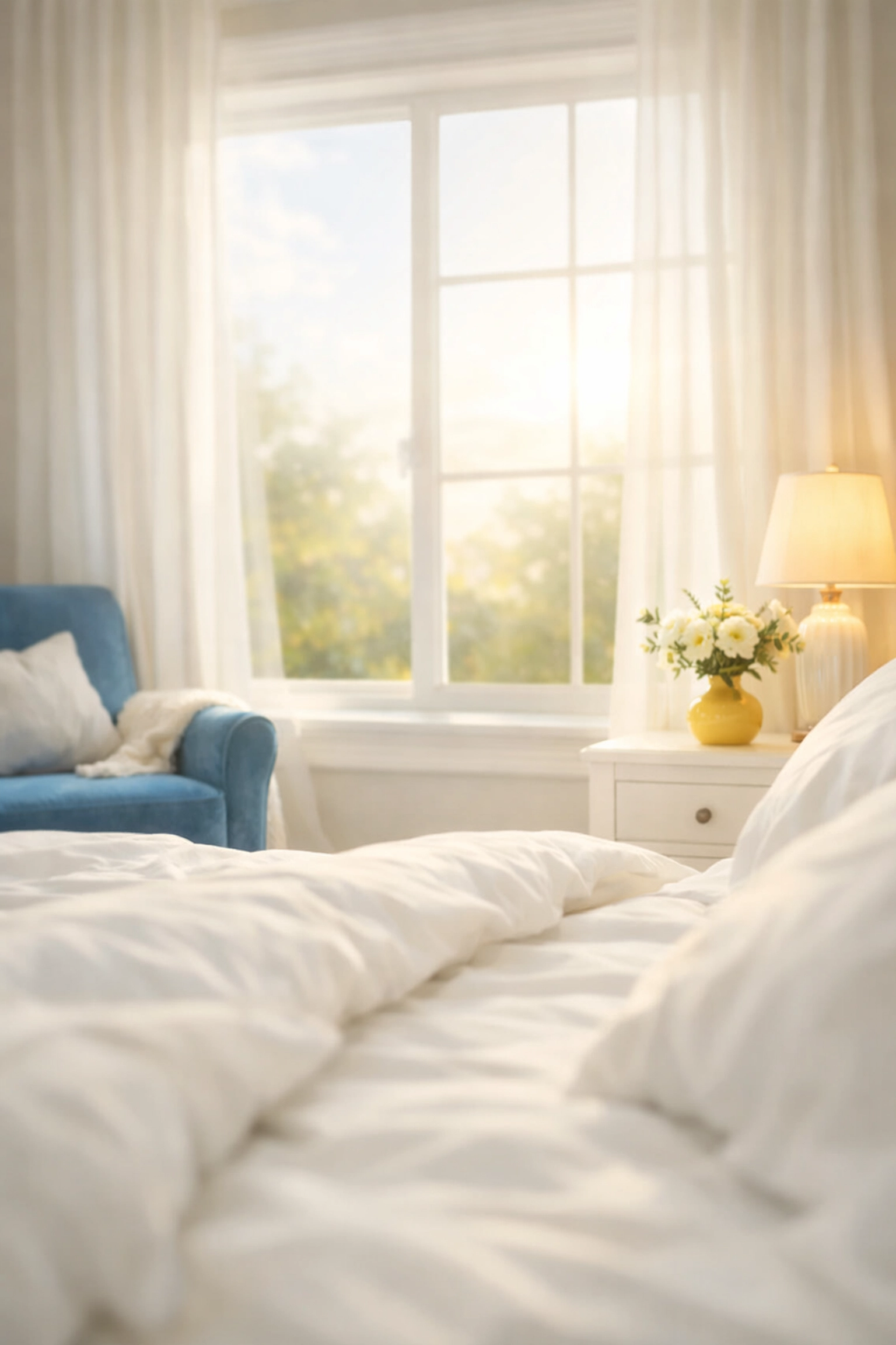 Serene, dust-free bedroom sanctuary after a professional luxury house cleaning in Acton.