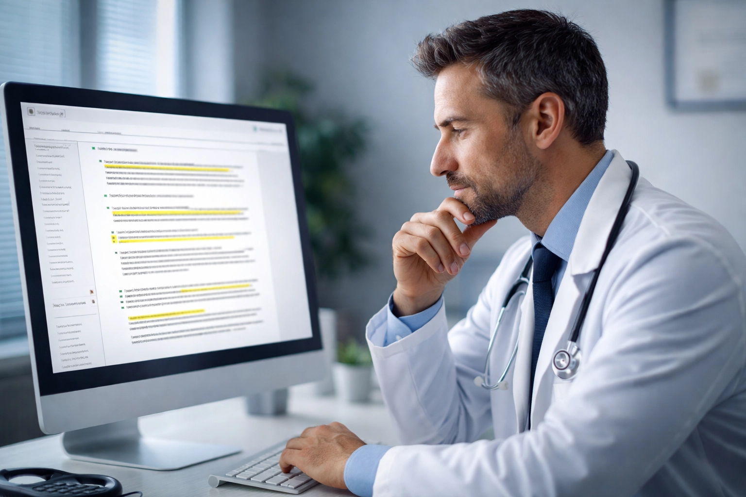 Physician thoughtfully reviewing AI-generated clinical notes for accuracy and compliance