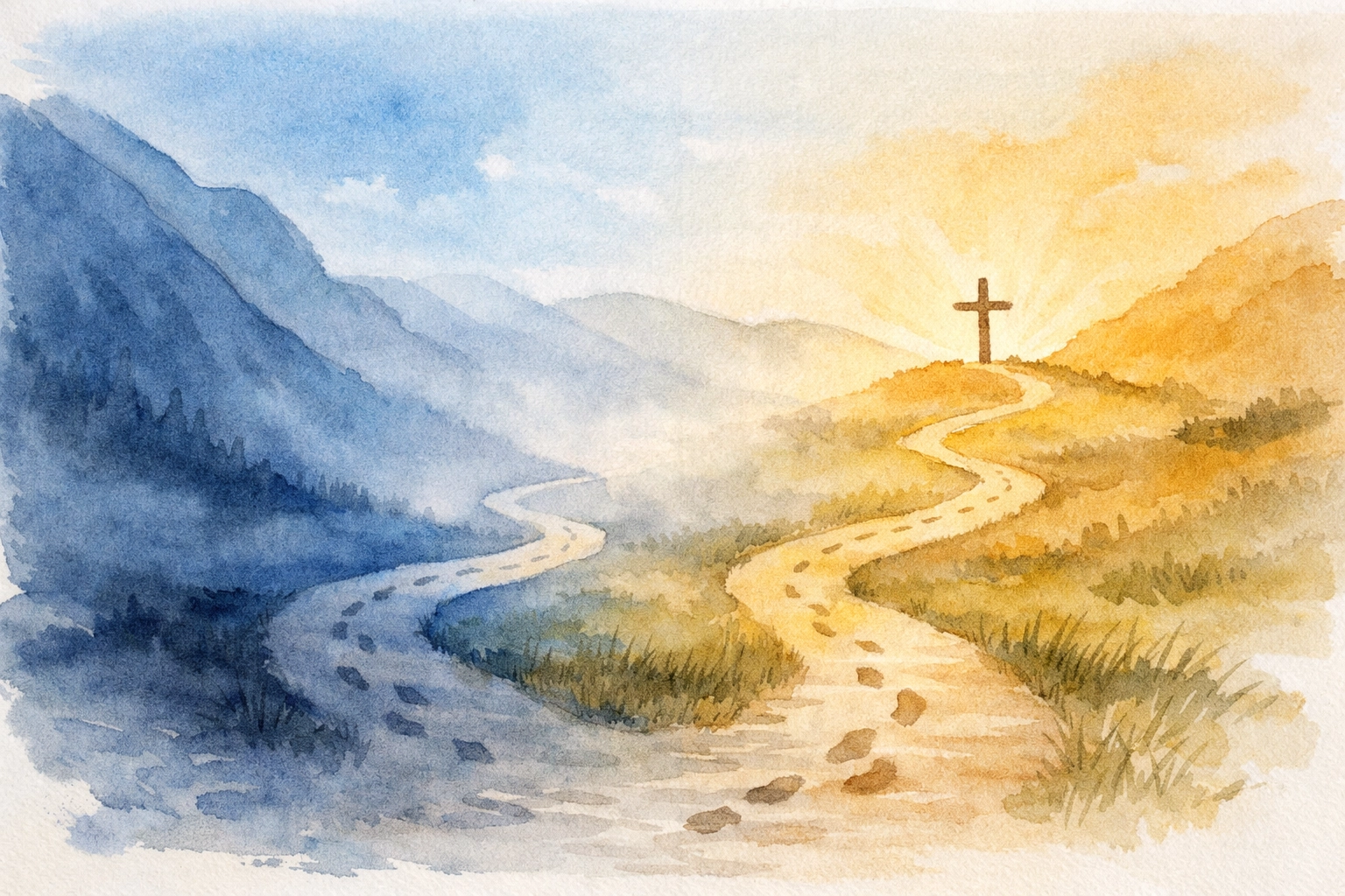 Winding path emerging from fog into light representing Christian leadership through transition