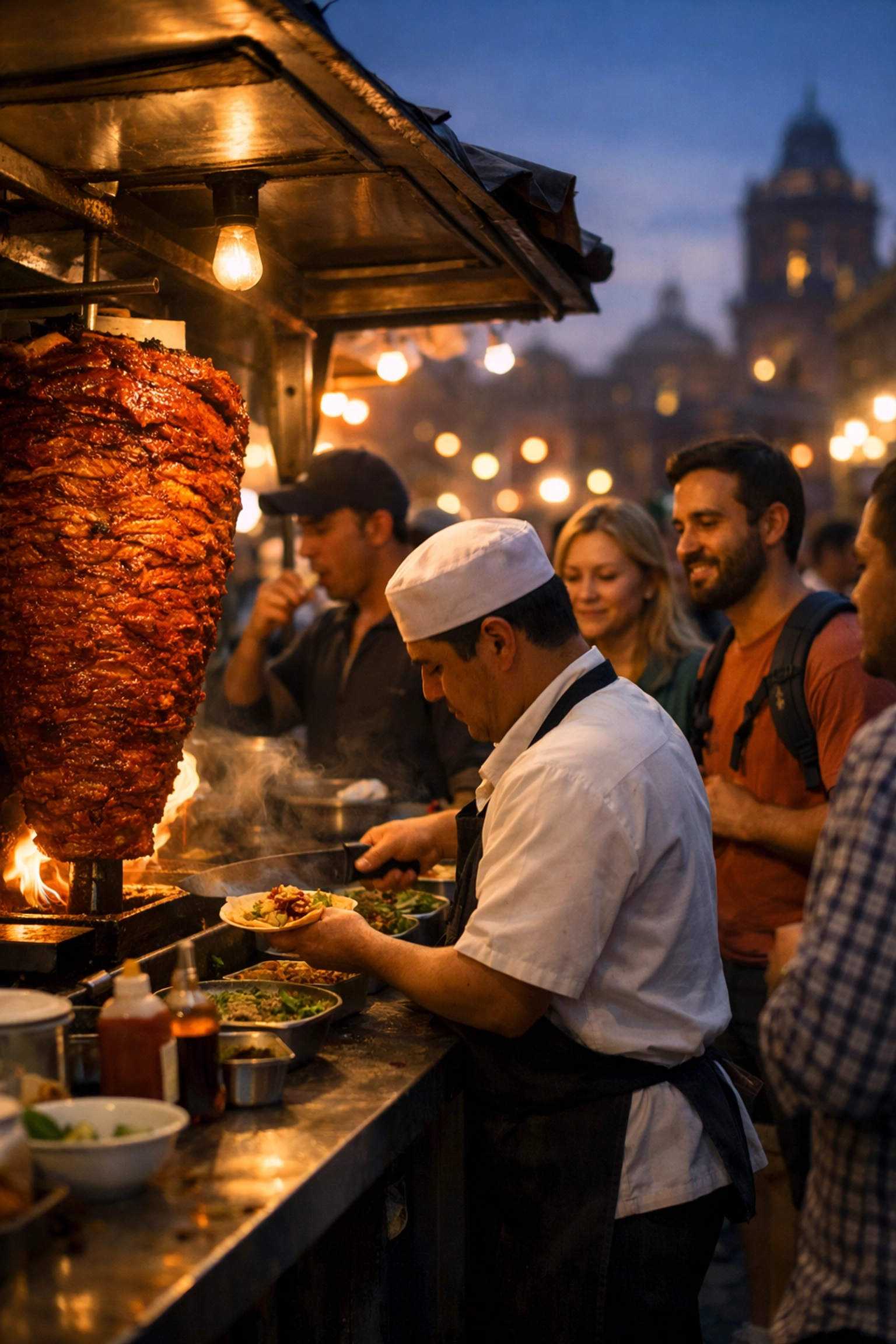 A busy street taco stand in Mexico City serving al pastor tacos to locals and travelers.