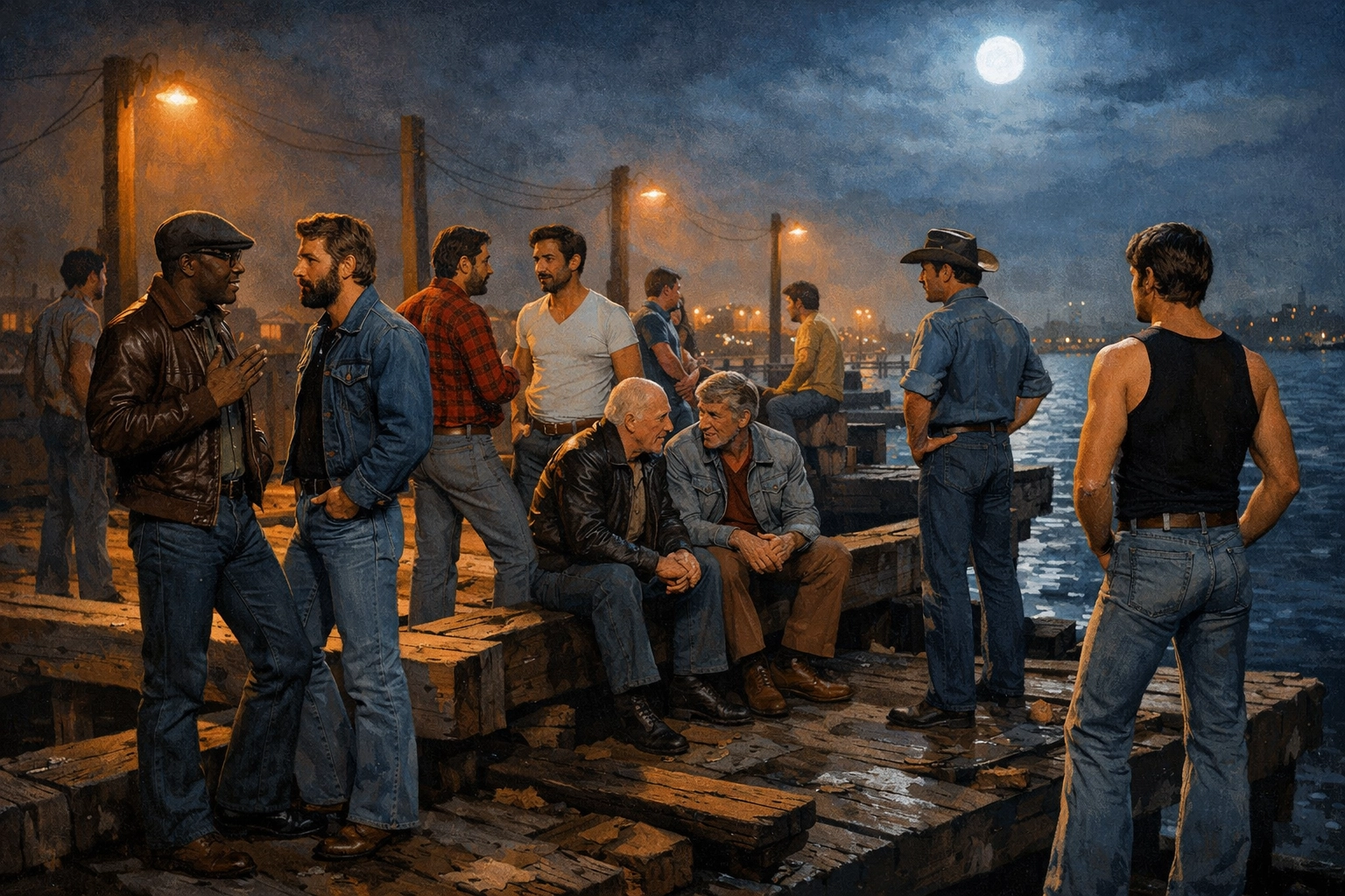 Diverse gay men gathering on West Side Piers, 1970s NYC LGBTQ+ community and resilience