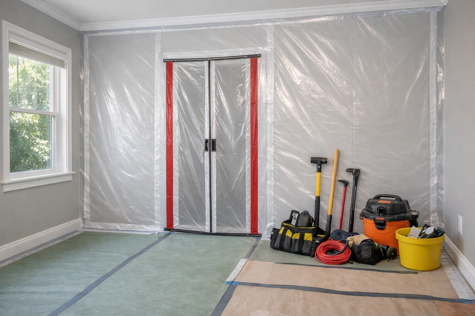 Dust containment barrier setup for residential demolition in Chester County with floor protection