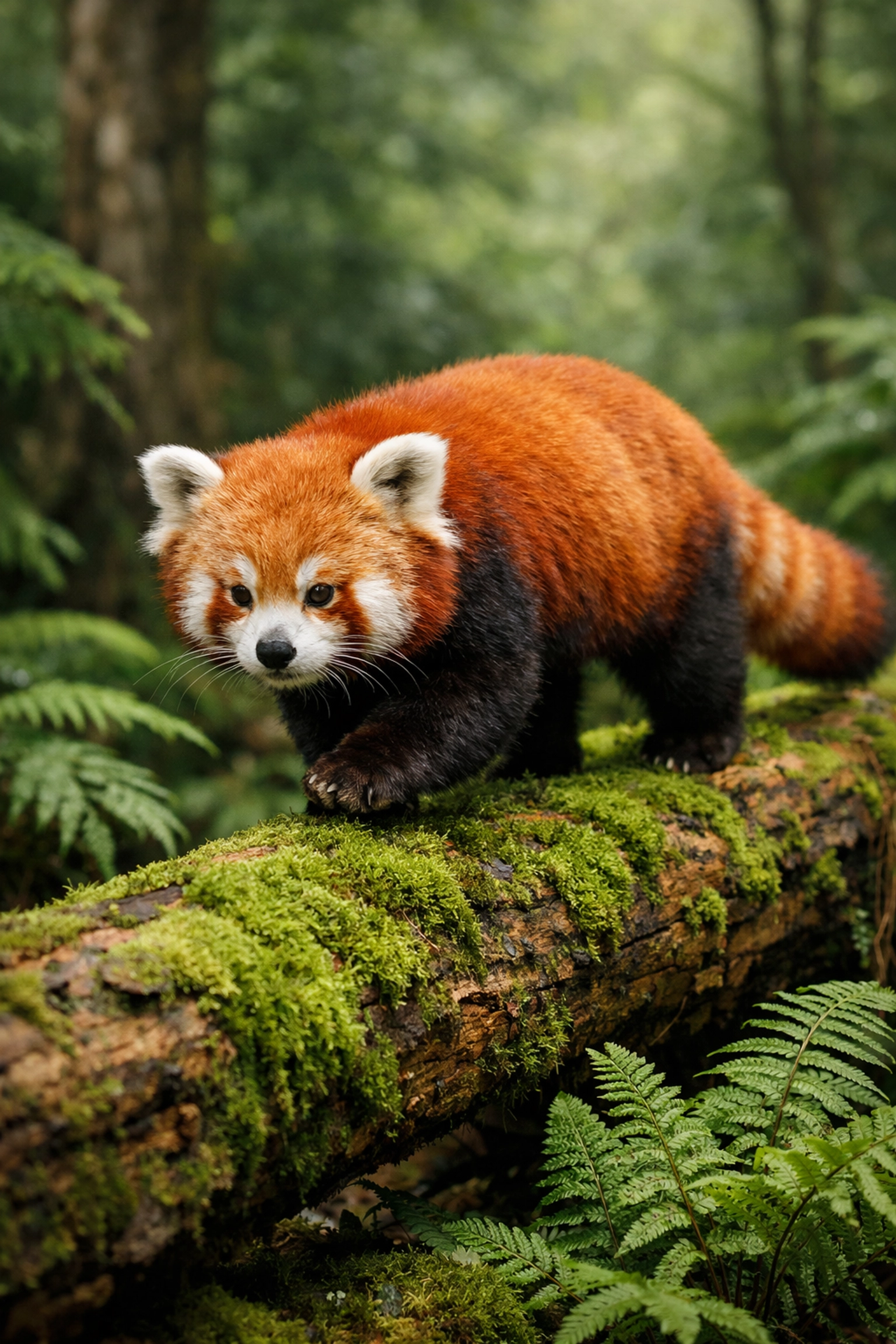 Red panda on a mossy log showcasing professional stock for conservation messaging.