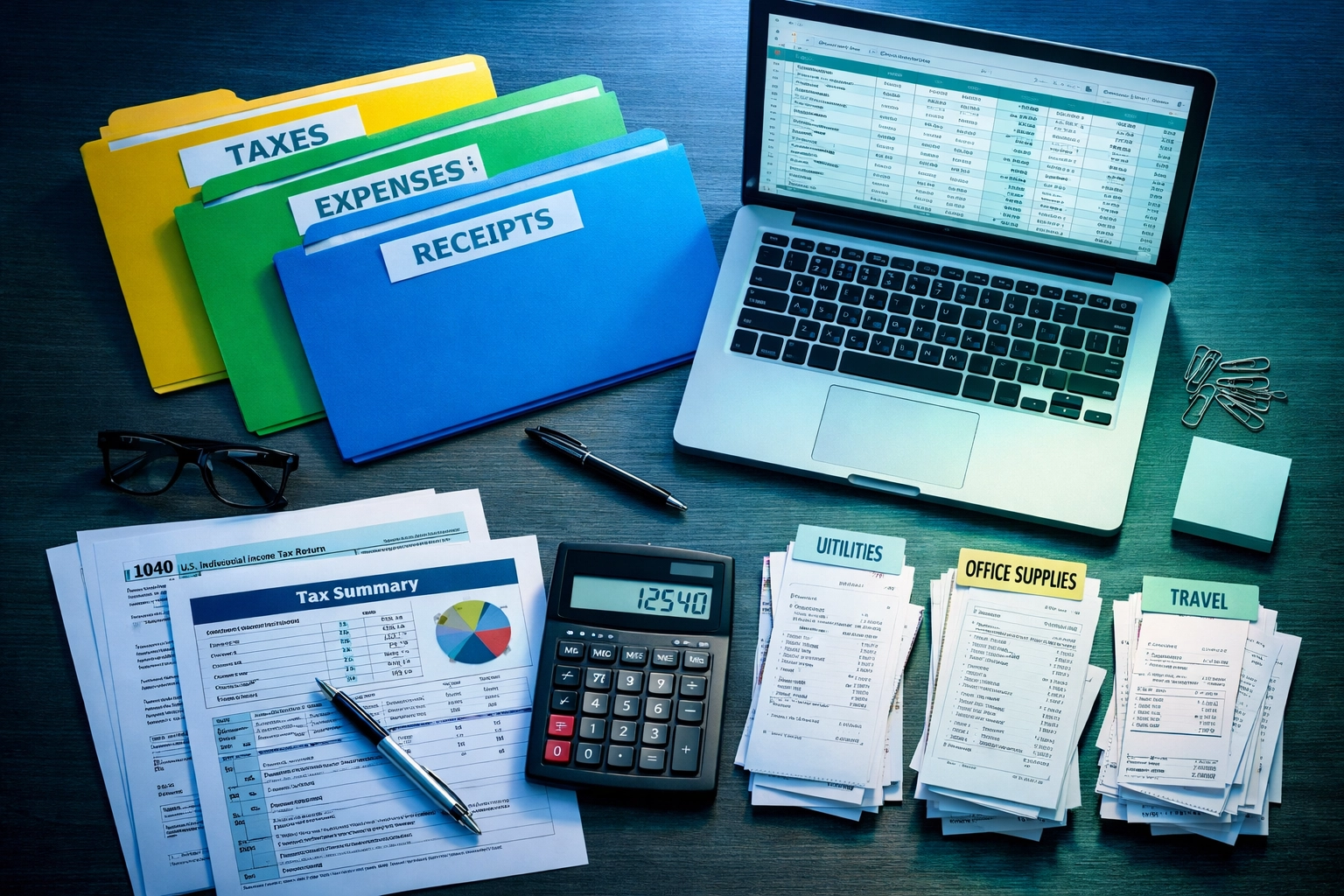 Documentos de impuestos organizados para preparación fiscal de pequeños negocios en Florida