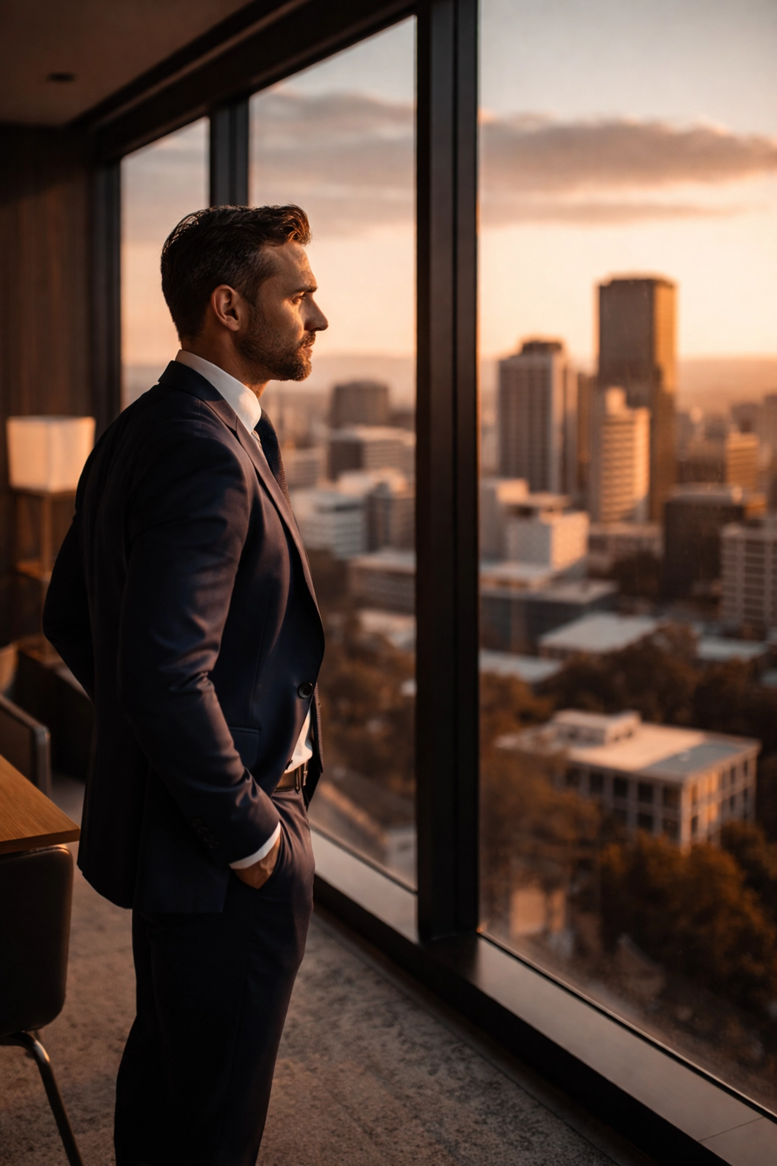 Businessman reflecting on city view in Adelaide office, considering divorce recovery coaching options