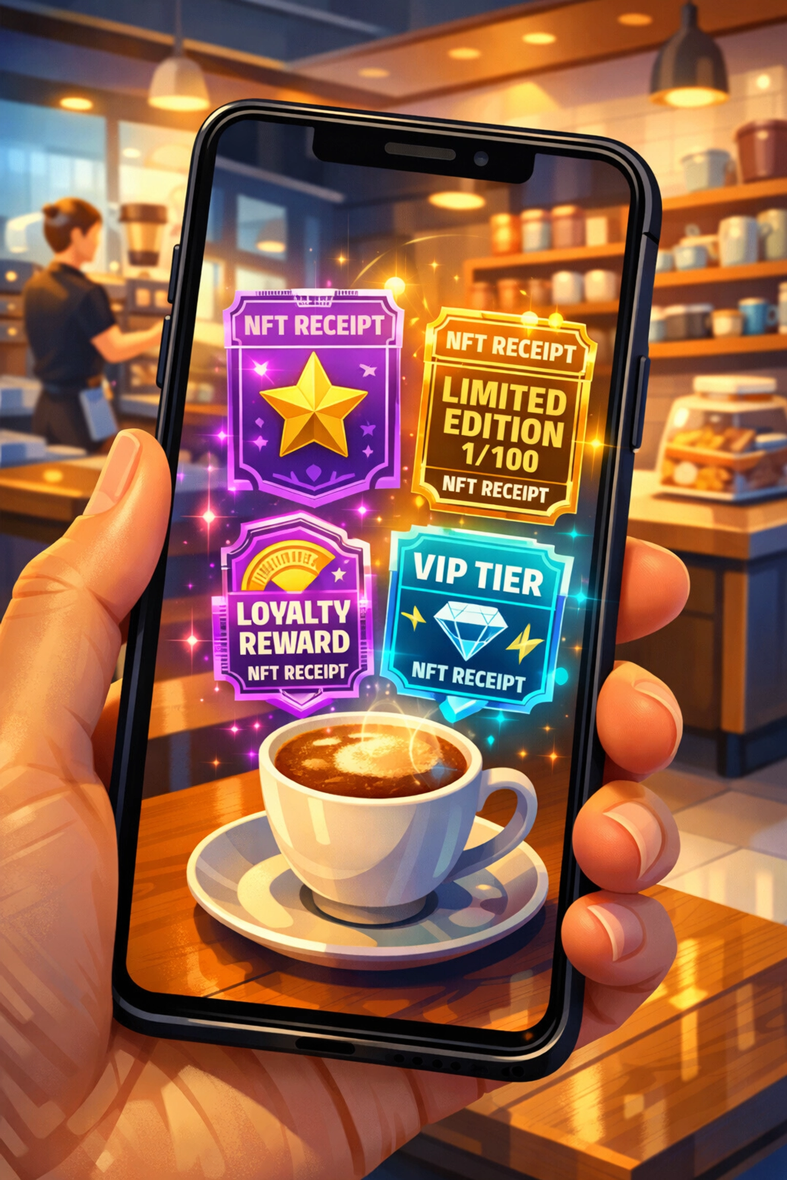 NFT receipt loyalty badges displayed on smartphone for crypto payment customers