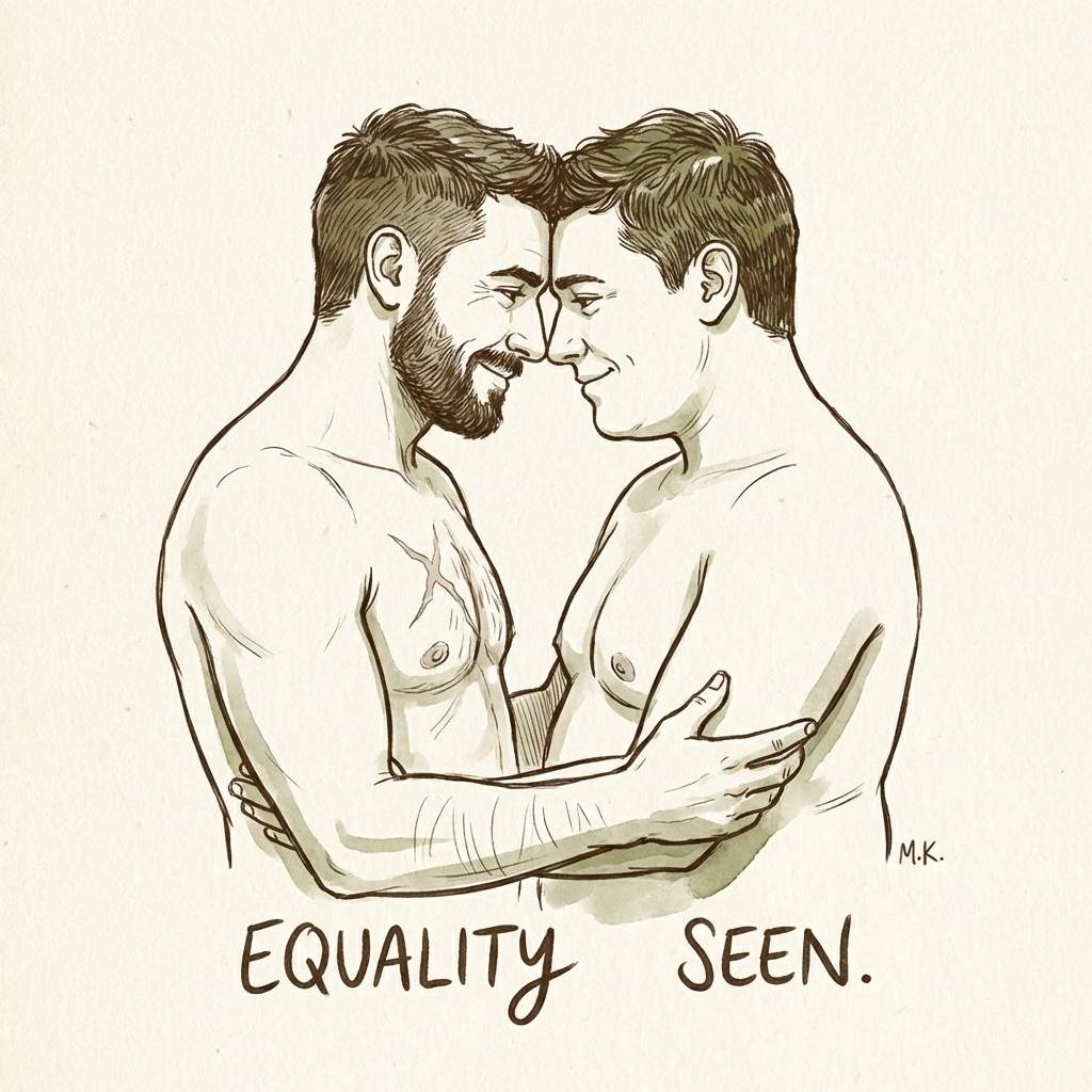 Diverse MM couple embracing with realistic body features, highlighting emotional depth in gay romance novels.