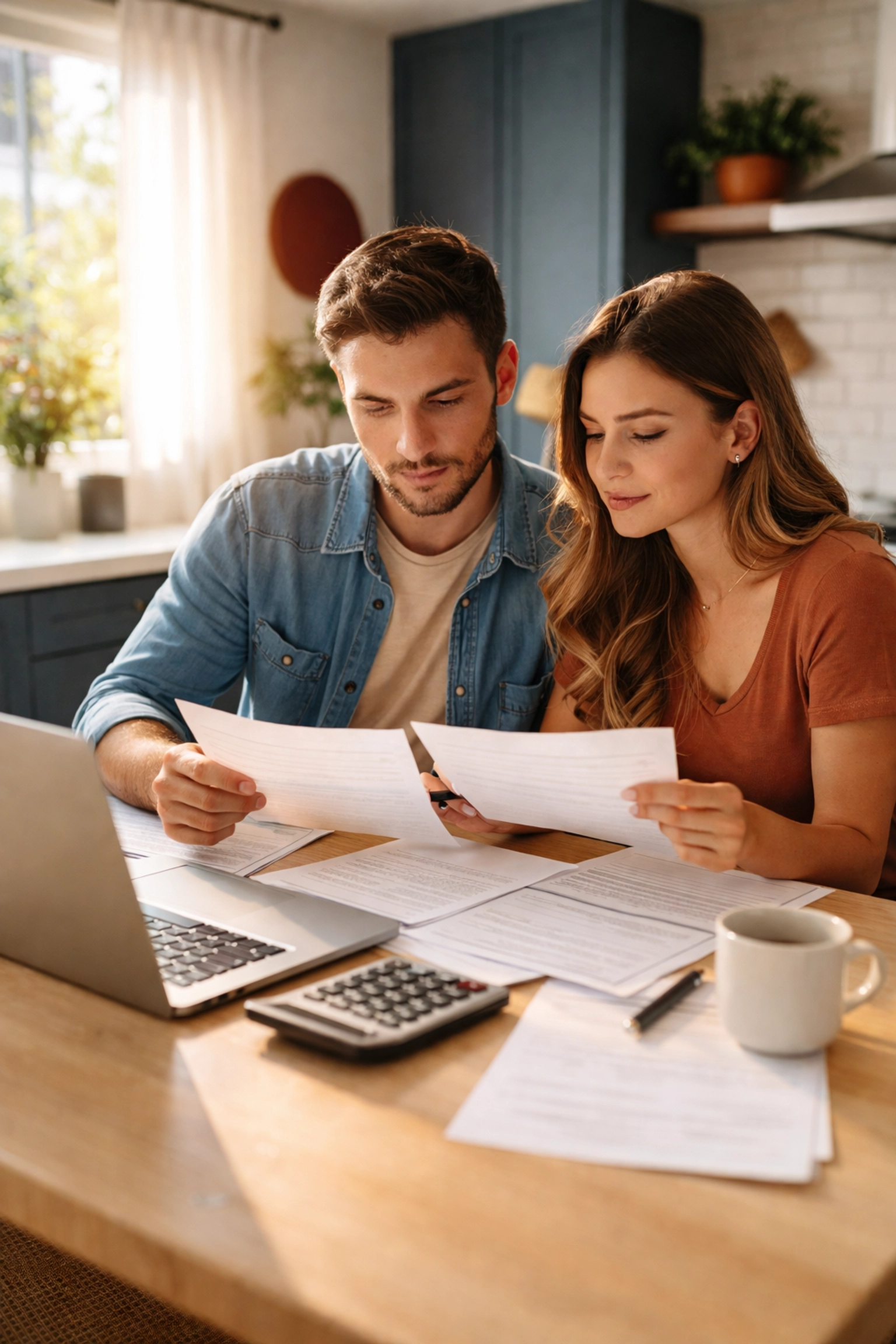 Texas couple reviewing loan applications together to protect their credit score