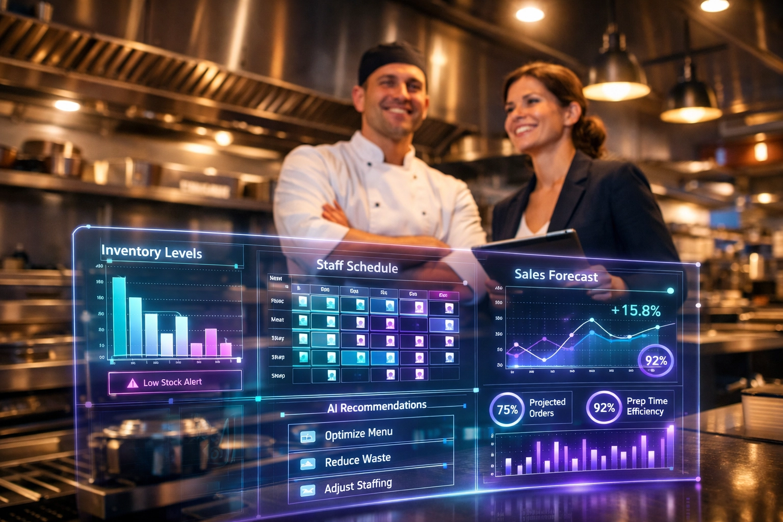 Restaurant kitchen using AI technology for inventory management and staff scheduling optimization