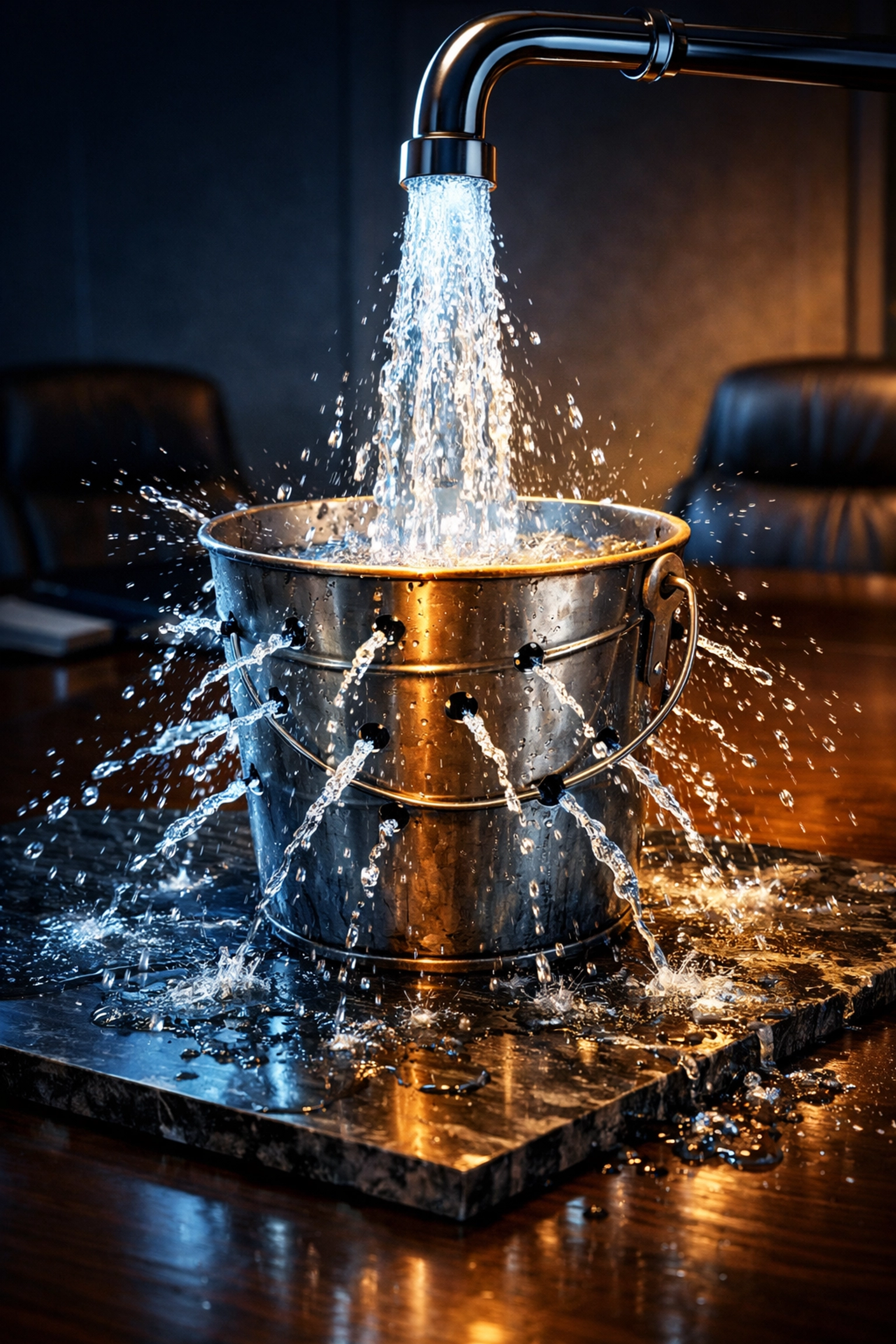 A leaking bucket symbolizing lost real estate leads and gaps in CRM follow-up systems.