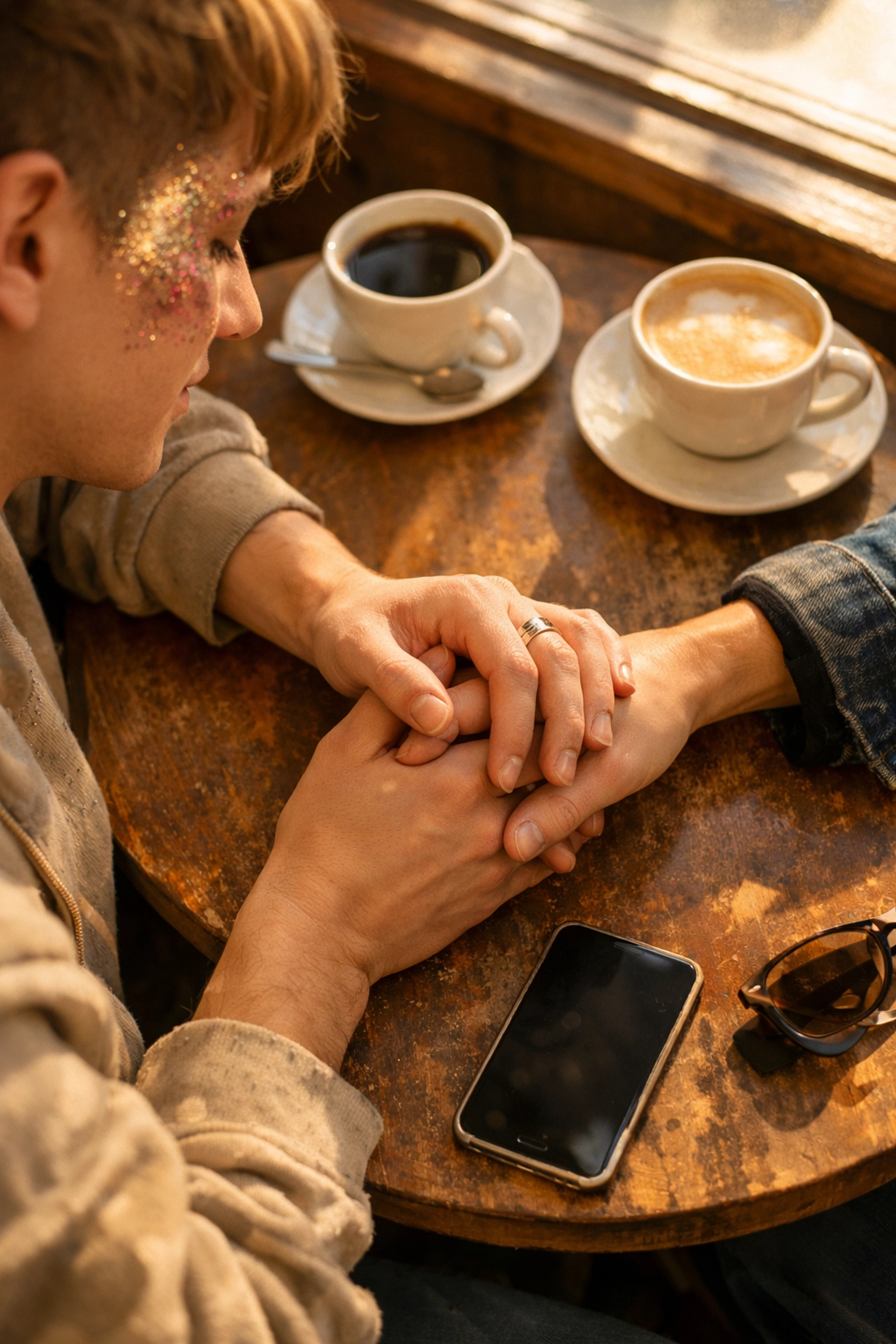 LGBTQ+ couple holding hands at café table showing connection and vulnerability in everyday moments