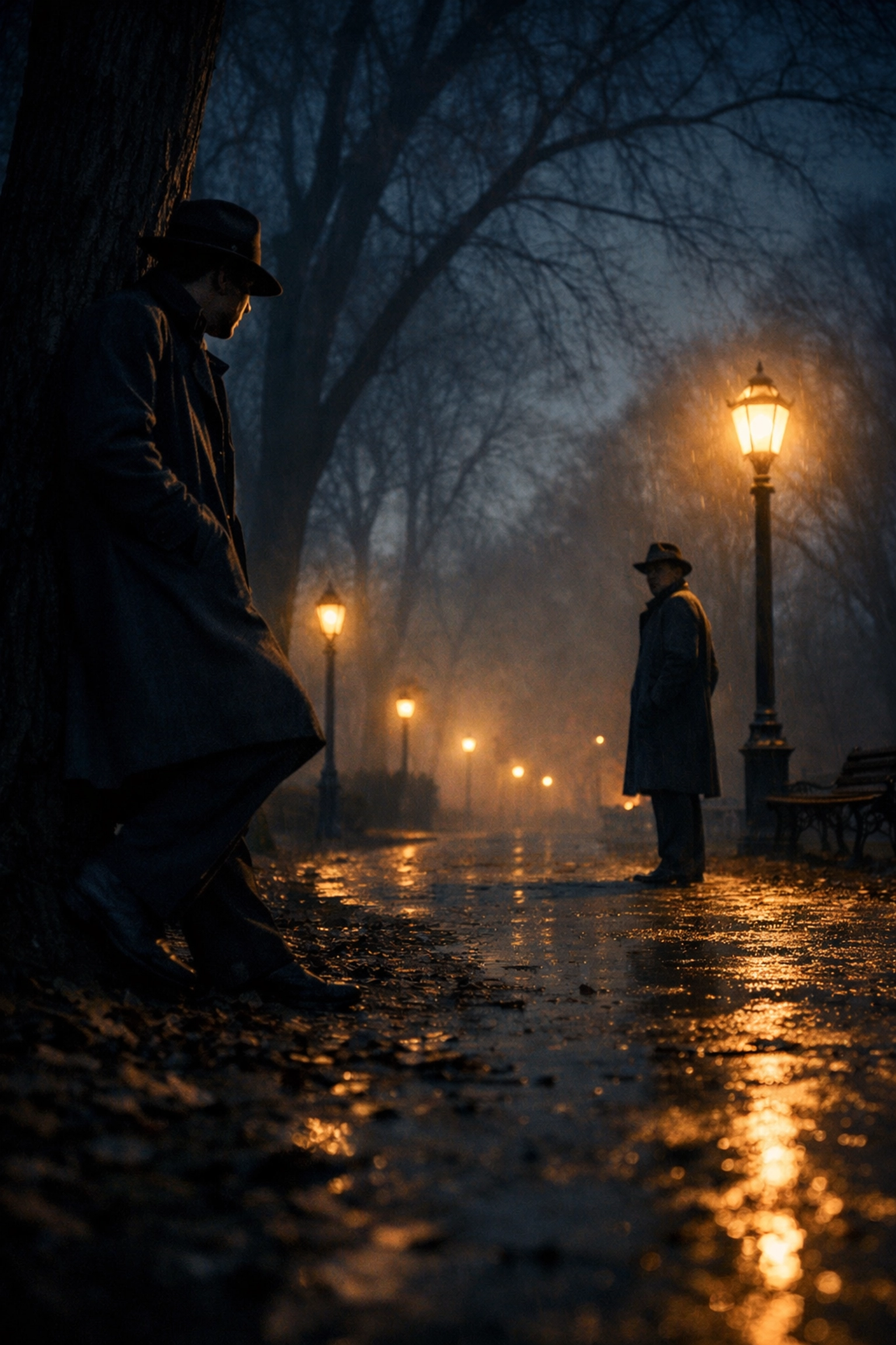 Two gay men meeting secretly in 1950s park at night before indoor cruise bars existed