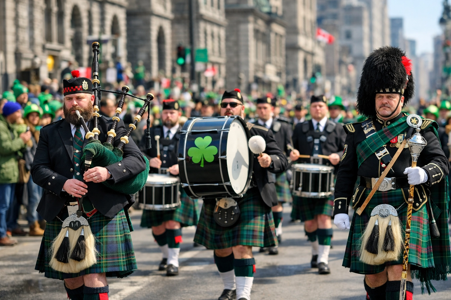 A marching band in kilts performs at the Montreal St. Patrick’s Day parade downtown.