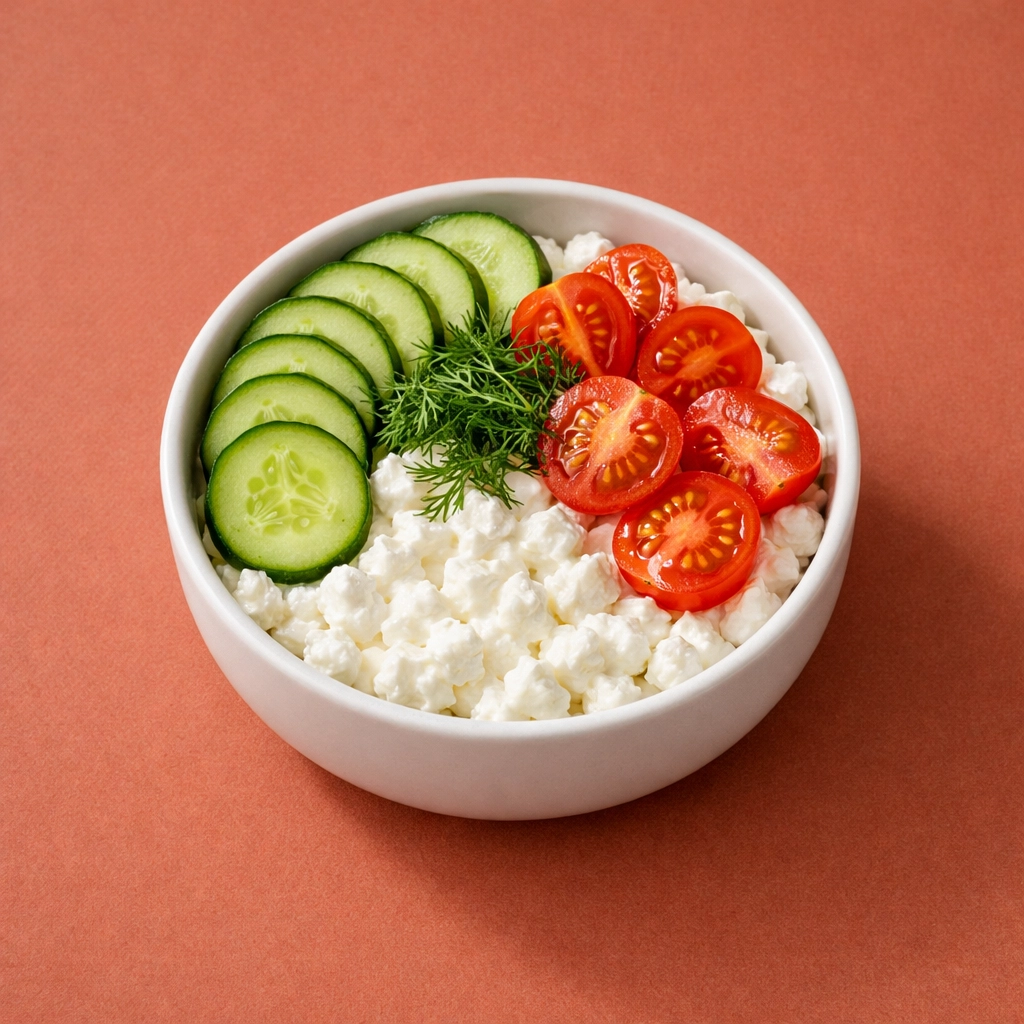 Savory cottage cheese bowl with cucumbers and tomatoes, a high-protein snack for busy professionals.