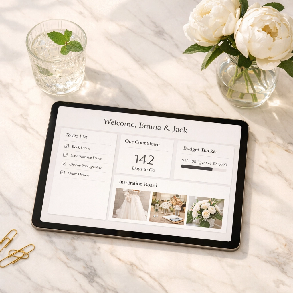 Digital wedding planning interface on a tablet for managing guest lists and funding goals.
