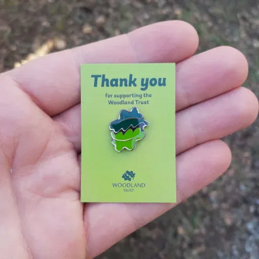 A hand displays a 'thank you for supporting the woodland trust' card, representing our commitment to sustainability