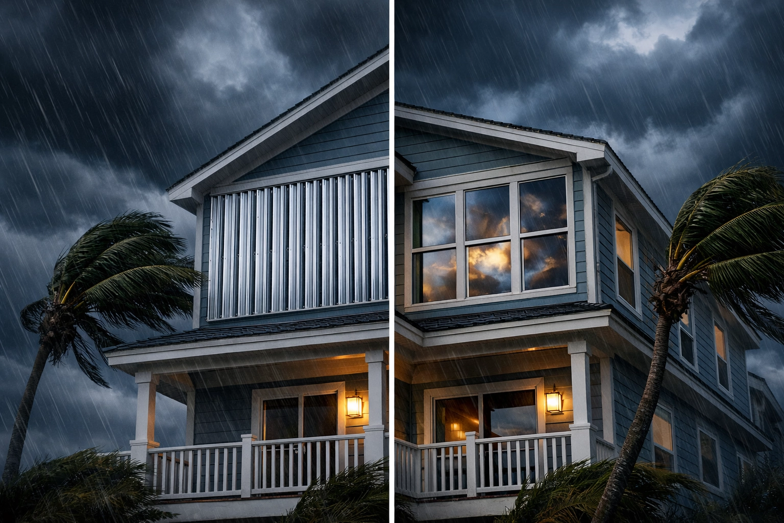 Hurricane shutters vs impact windows on coastal North Carolina home in storm