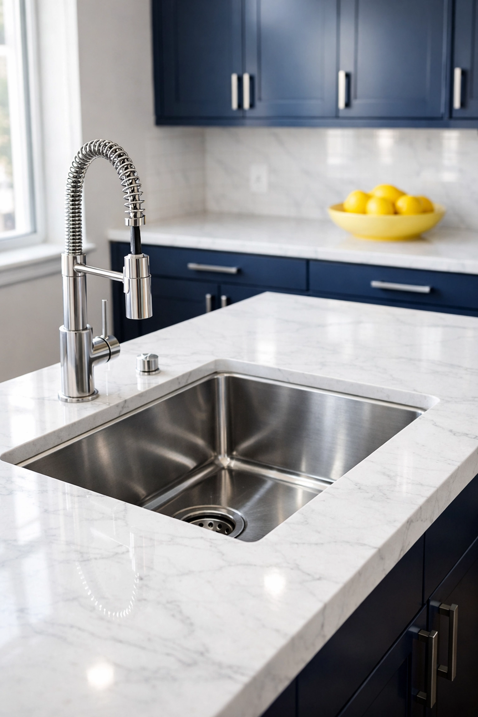 Deep apartment cleaning Boston in a modern condo kitchen featuring sparkling marble countertops and a sanitized sink.