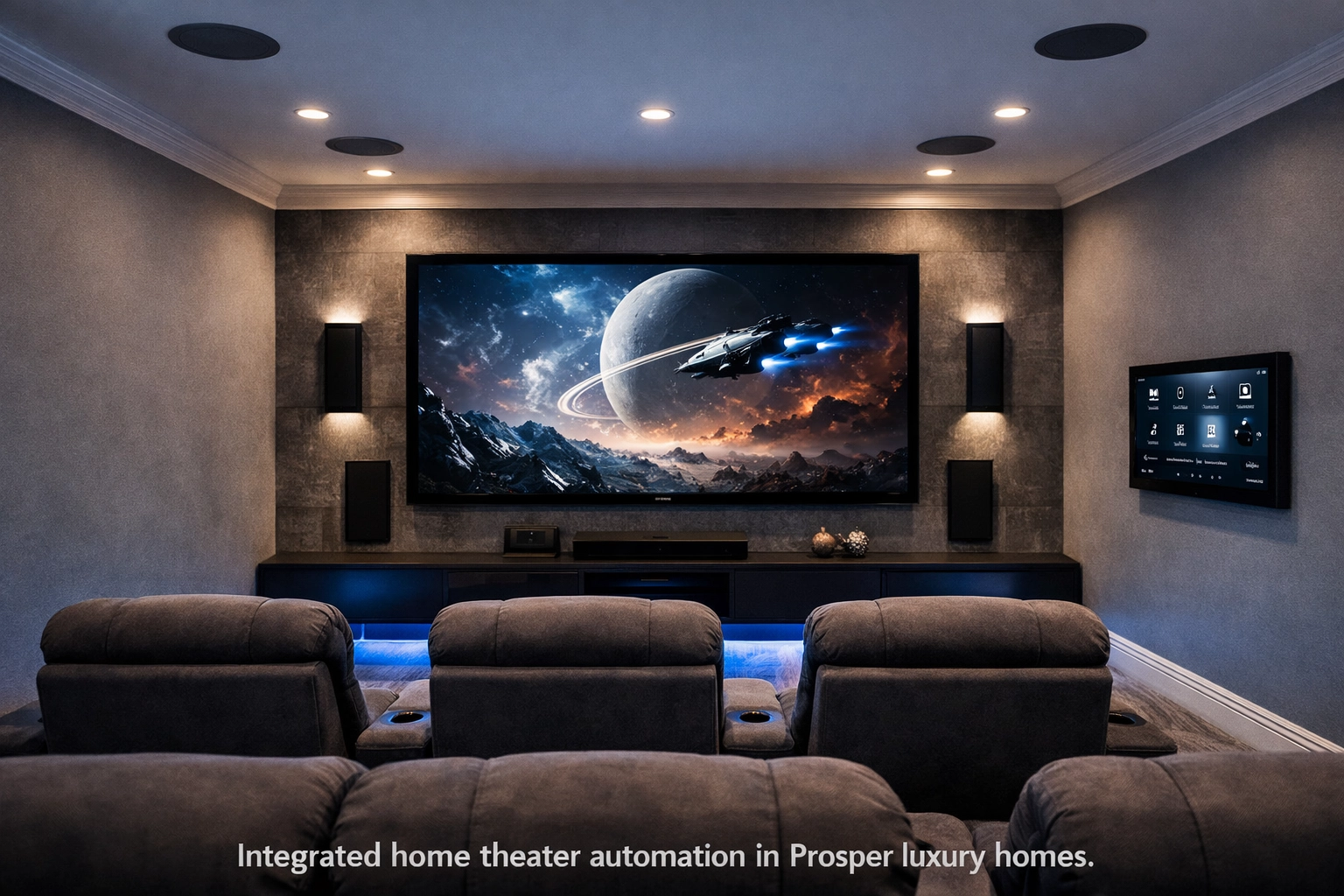 Luxury home theater with URC automation and in-ceiling speakers in Prosper