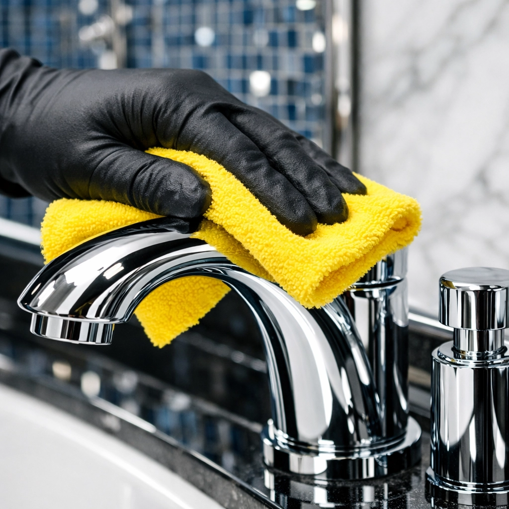 Professional cleaners MA polishing a chrome bathroom fixture with a microfiber cloth for a deep cleaning MA result.