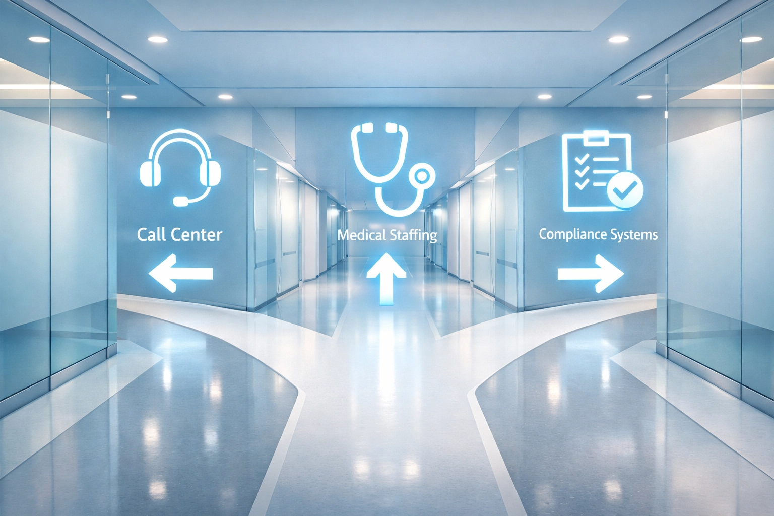 Three pathways showing rehab facility infrastructure: call center, medical staffing, and compliance systems