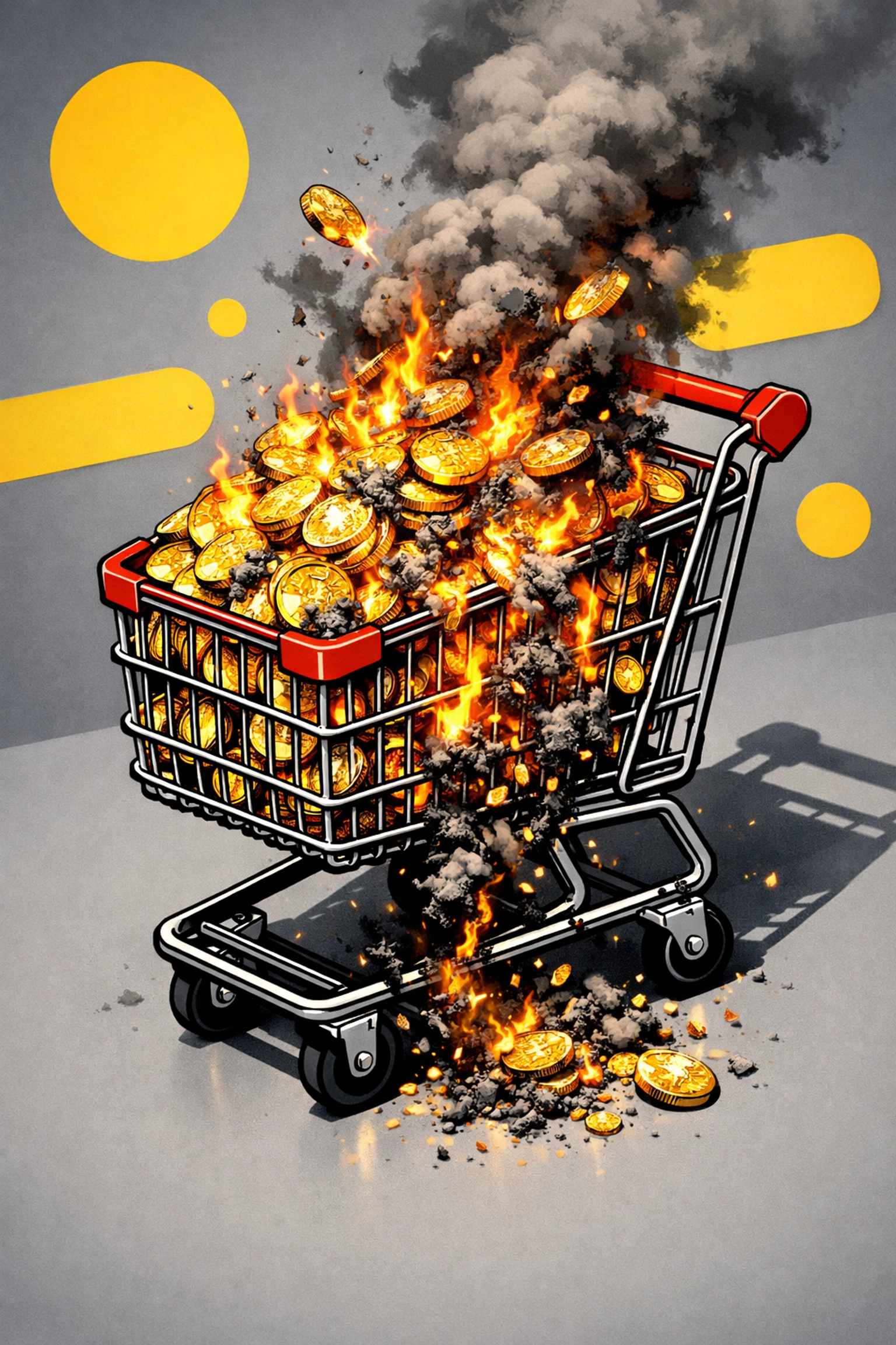 Burning money in shopping cart representing wasted Amazon ad spend and disappearing profit margins