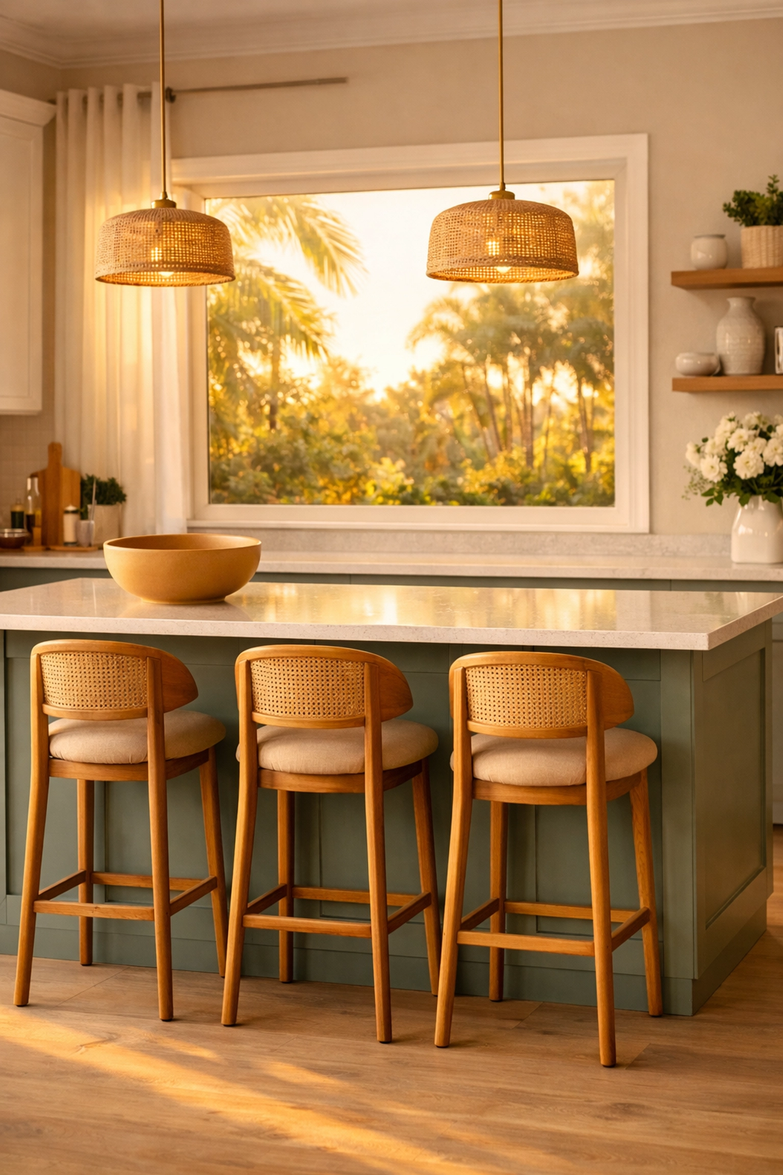 Contemporary home remodeling Orlando featuring a sage green kitchen island and natural wood elements.